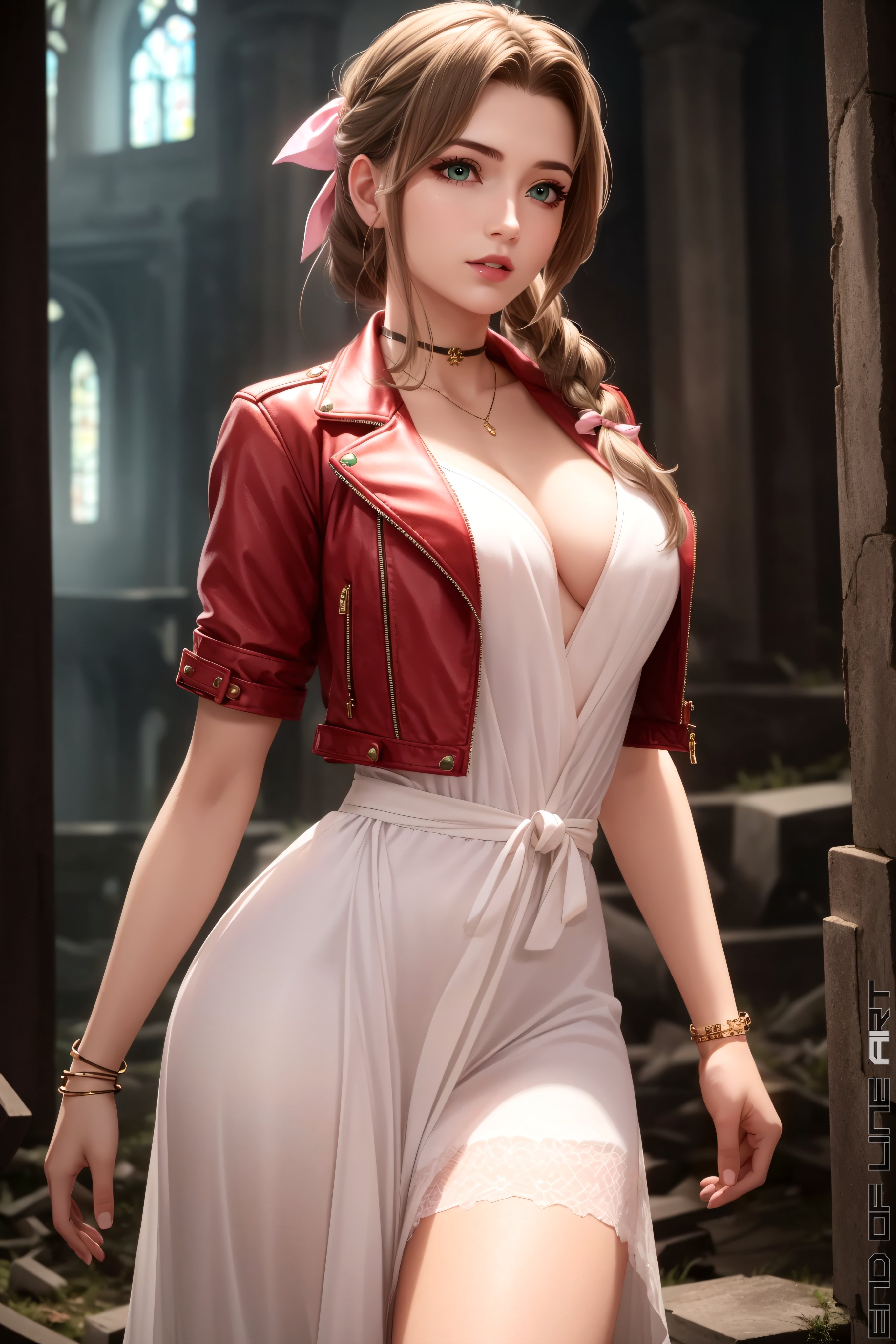 aerith gainsborough, ai generated, brown hair, cleavage, end of line, female, female only, final fantasy, final fantasy vii, final fantasy vii remake, green eyes, looking at viewer