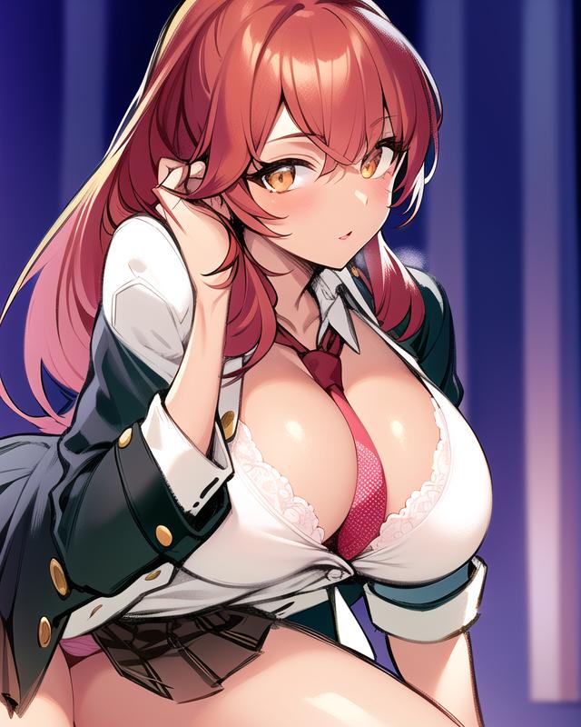 ai_generated bra brown_eyes dark-skinned_female hentai high_resolution highres huge_breasts looking_at_viewer mature_female milf miniskirt morisaki_megumi nai_diffusion necktie okusama_wa_moto_yari_man pink_panties ponytail red_hair school_uniform schoolgirl_uniform skyrimgamer17 stable_diffusion unbuttoned_shirt voluptuous_female