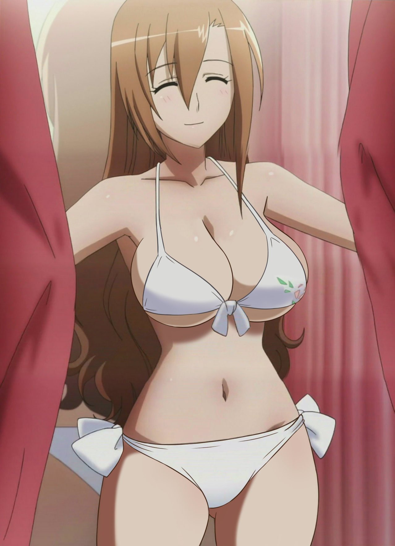 1girls big_breasts bikini breasts brown_hair busty cleavage closed_eyes female female_only highres large_breasts legs long_hair navel screencap seitokai_yakuindomo shichijou_aria smile solo stitched swimsuit thighs voluptuous white_bikini