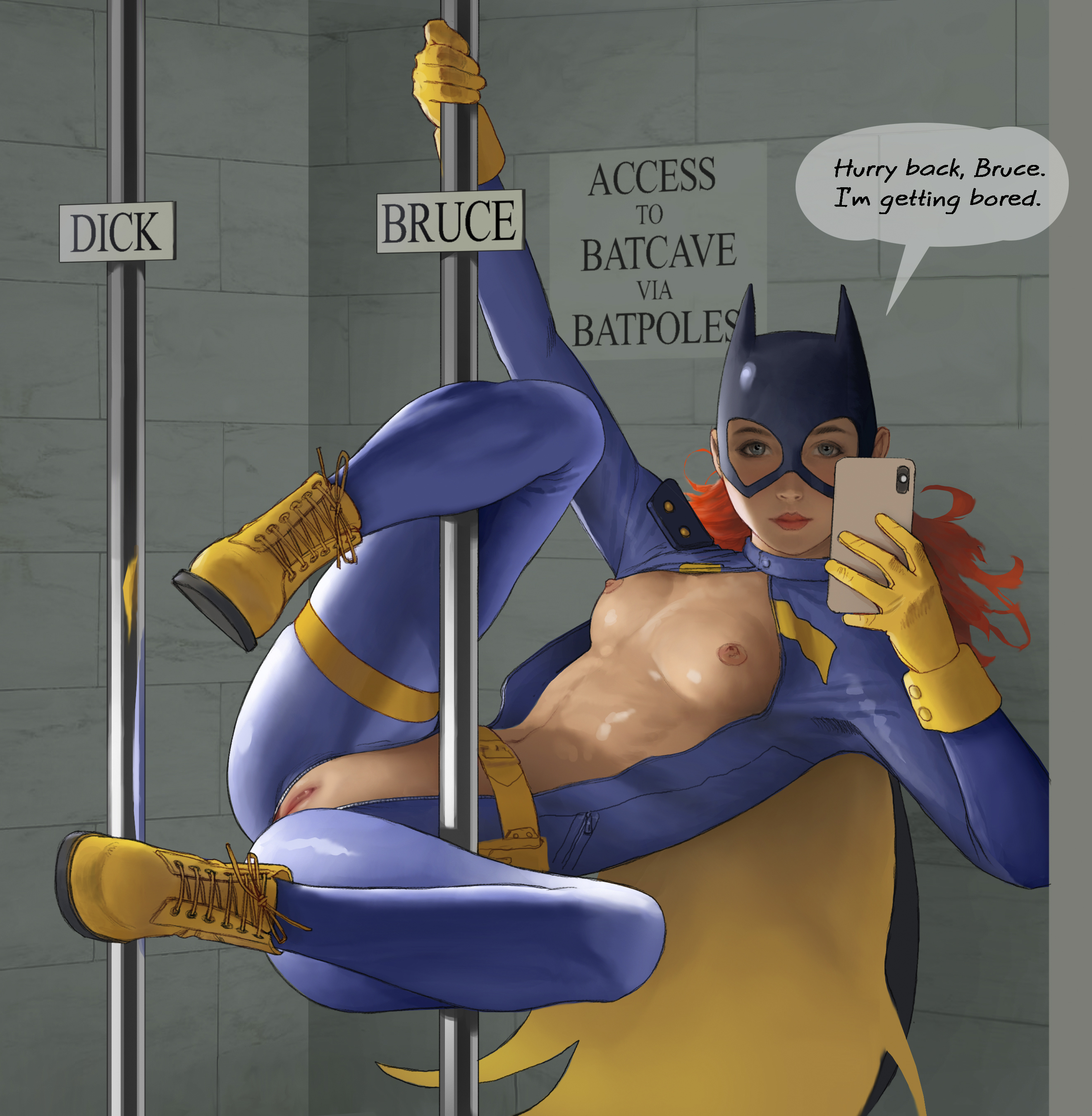 1girls, 2d, areolae, batgirl, batgirl (barbara gordon), batgirl of burnside (comic), batman (series), boots, breasts, cape, cellphone, color, dc, dc comics, english text, female, female only, full color, hairless pussy, holding cellphone, legs apart, legs spread, looking at viewer, mask, masked female, medium hair, navel, nipples, no bra, no panties, open bodysuit, open clothes, phone, pole, pole dancing, pussy, red hair, small breasts, smartphone, solo, speech bubble, spread legs, stahlberg, superheroine, tile wall, vagina, yellow boots