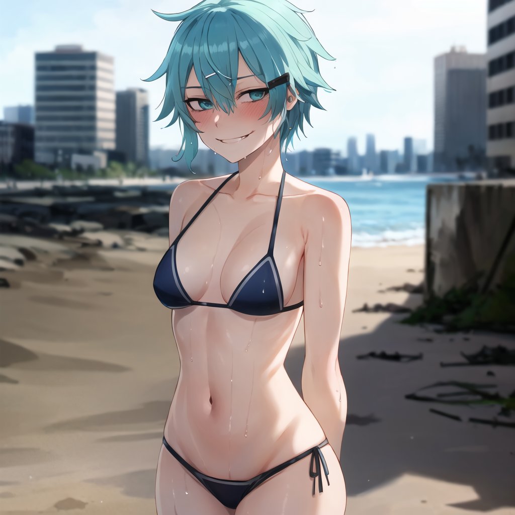 1girls, ai generated, asada shino, blue eyes, blue hair, breasts, female, female only, gun gale online, looking at viewer, medium breasts, medium hair, naughty face, naughty smile, nipples, osyasenpai, outdoors, short hair, sinon, solo, solo female, stable diffusion, sword art online