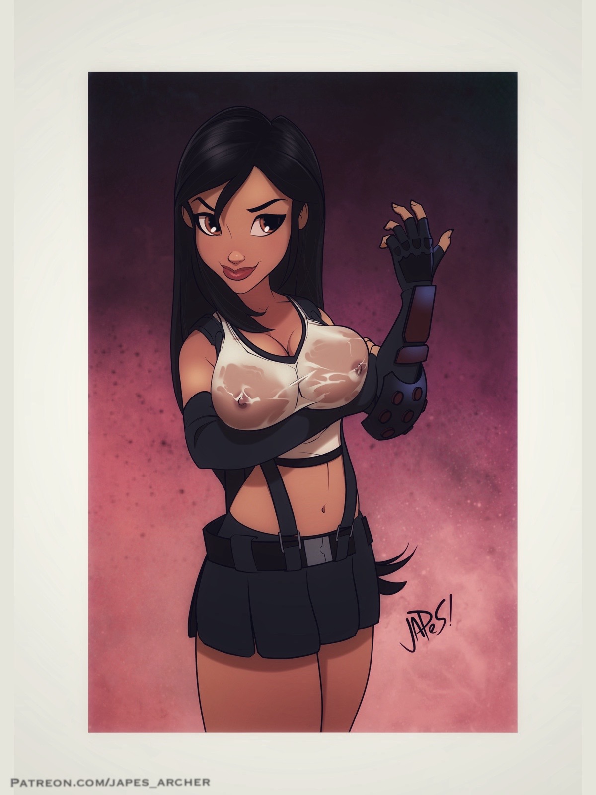 1girls, black hair, breasts, brown eyes, female, female only, final fantasy, final fantasy vii, fingerless gloves, huge breasts, japes, long hair, miniskirt, nipples visible through clothing, skirt, smooth skin, suspenders, tifa lockhart, voluptuous, wet clothes, wet shirt