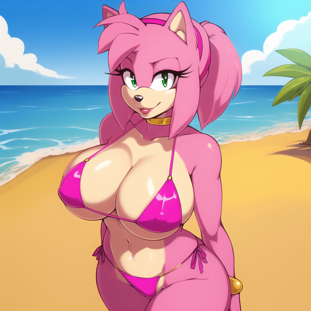aged up, ai generated, amy rose, anthro, beach, bikini, breasts, cleavage, female, female anthro, female only, gold jewelry, large breasts, looking at viewer, navel, nipples visible through clothing, outside, pink bikini, pink body, pink hair, ponytail, sega, sonic (series), sonic the hedgehog (series), stable diffusion, two-tone body