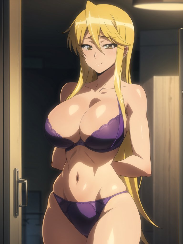 1girls, ai generated, arms behind back, artist request, big breasts, blonde hair, bra, breasts, child bearing hips, cleavage, female, highschool of the dead, huge breasts, legs, long hair, looking at viewer, navel, panties, shizuka marikawa, smile, thick thighs, thighs, voluptuous, yellow eyes