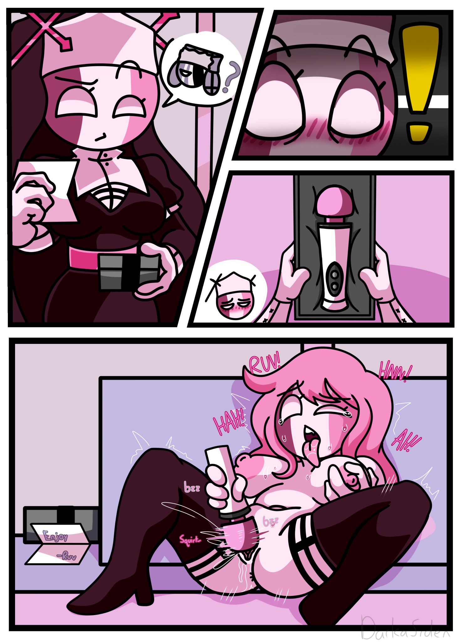 !, anus peek, areolae, breasts, comic, darkasiden, female, friday night funkin, grabbing own breast, hi res, masturbation, nipples, nun, pink hair, pussy, pussy juice, ruv (dokki.doodlez), sarvente (dokki.doodlez), squirting, tagme, tongue, tongue out, vibrator
