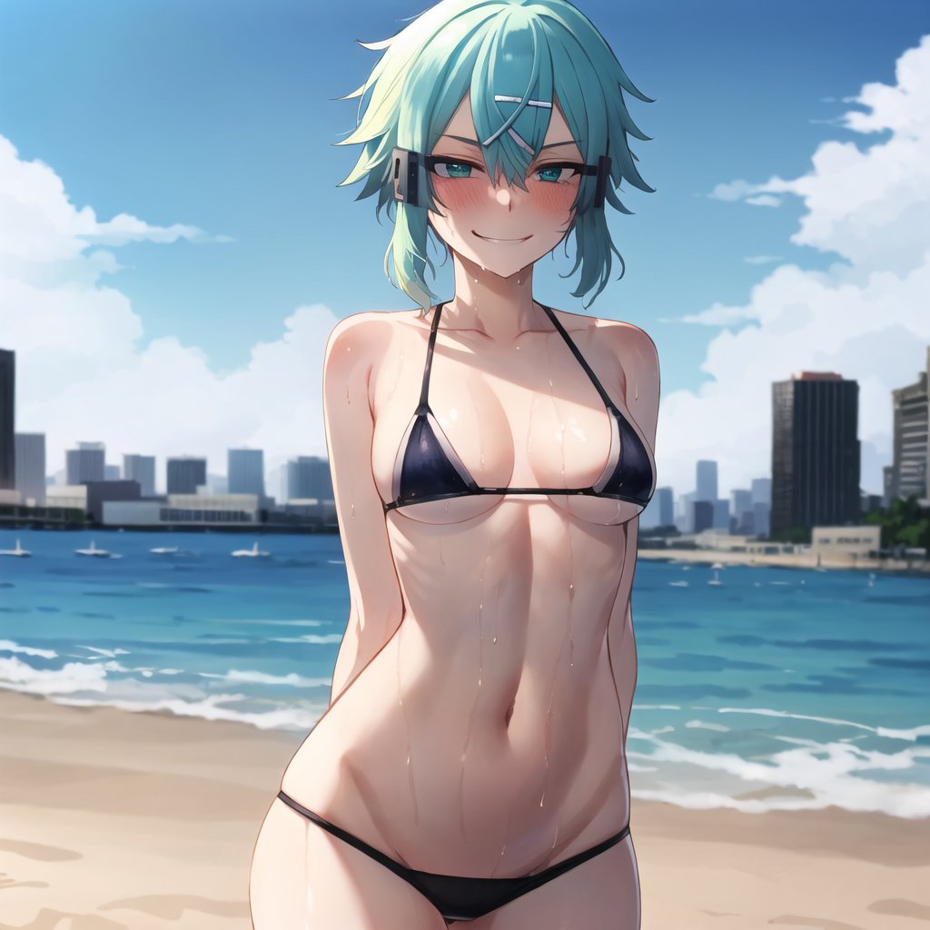 1girls, ai generated, asada shino, blue eyes, blue hair, blush, blushing, breasts, female, female only, gun gale online, looking at viewer, medium breasts, medium hair, naughty face, naughty smile, nipples, osyasenpai, outdoors, short hair, sinon, solo, solo female, stable diffusion, sword art online