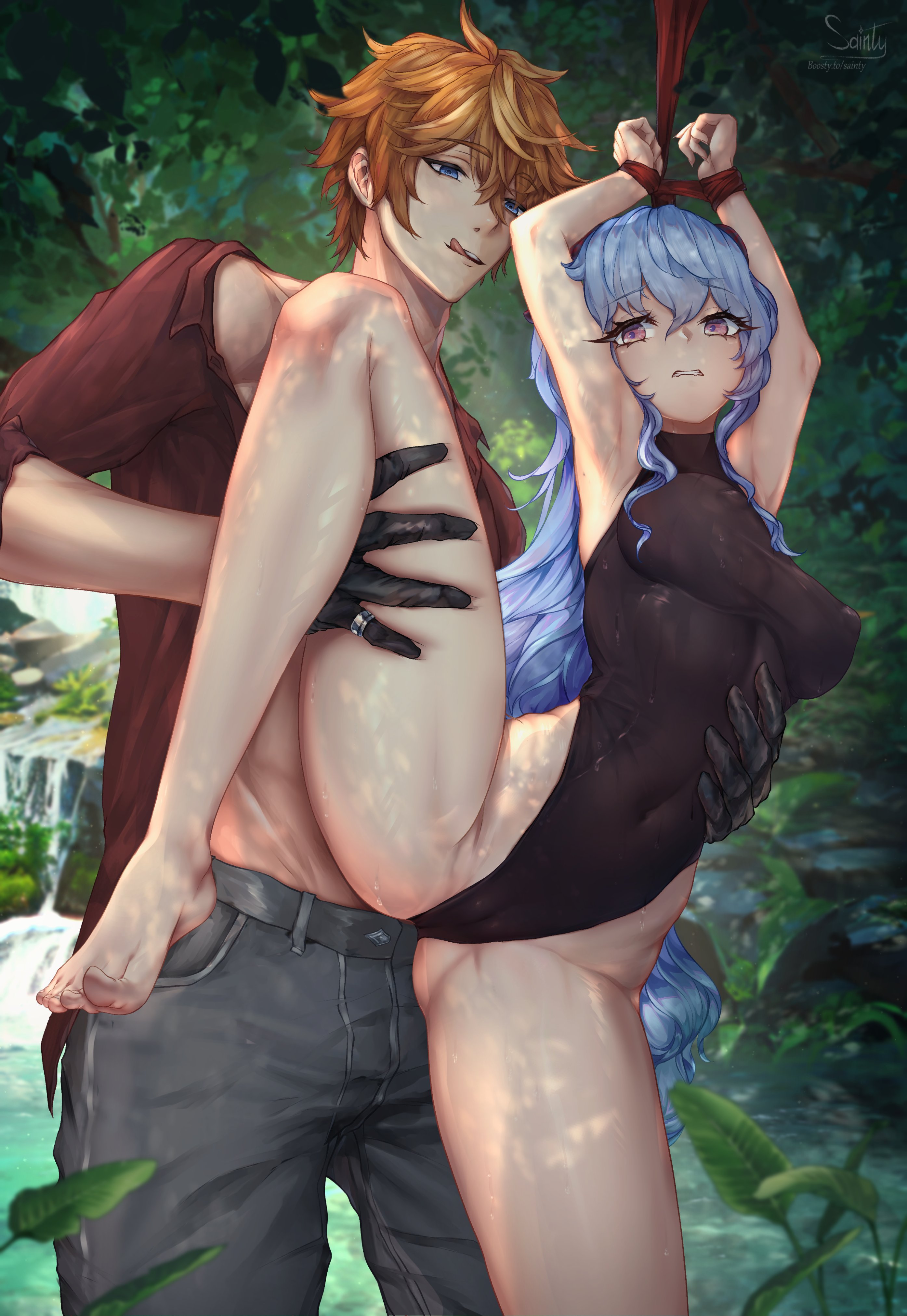 1boy, 1girls, absurd res, artist name, artist signature, bent leg, blue eyes, blue hair, childe (genshin impact), clothing, detailed background, female, from behind, ganyu (genshin impact), genshin impact, ginger, gloves, holding leg, imminent sex, leotard, licking lips, long hair, male, nipple bulge, orange hair, outdoors, pink eyes, sainty, standing on one leg, tartaglia (genshin impact), tied up, tight clothing
