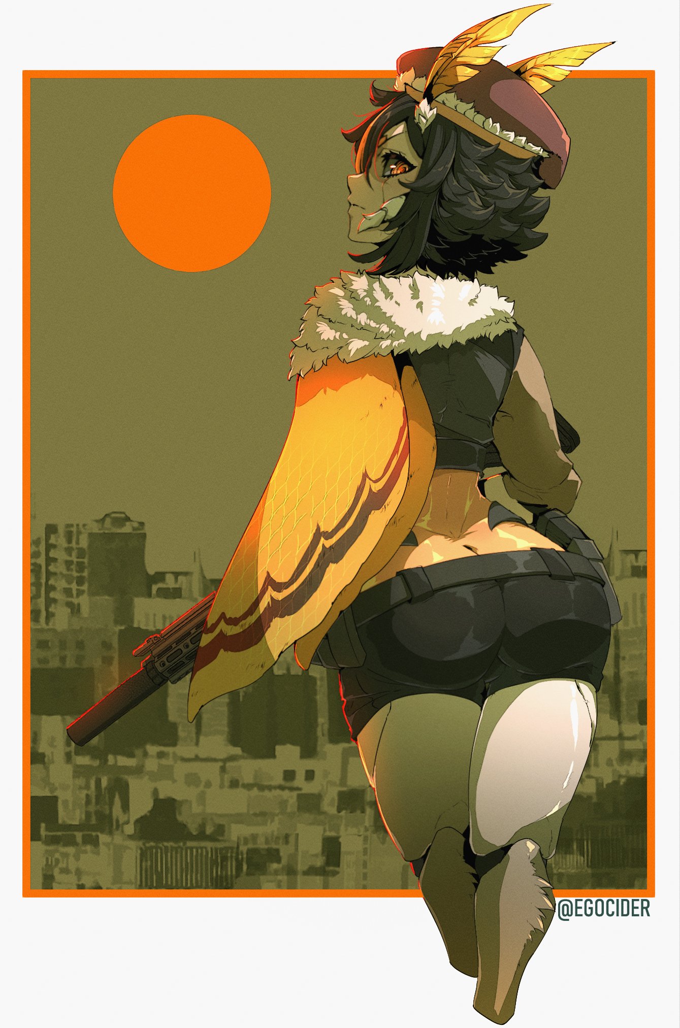 1girls, ass, back view, egocider, feathers, female, female only, gun, hat, indie virtual youtuber, insect girl, juniper (egocider), juniper actias, solo, virtual youtuber