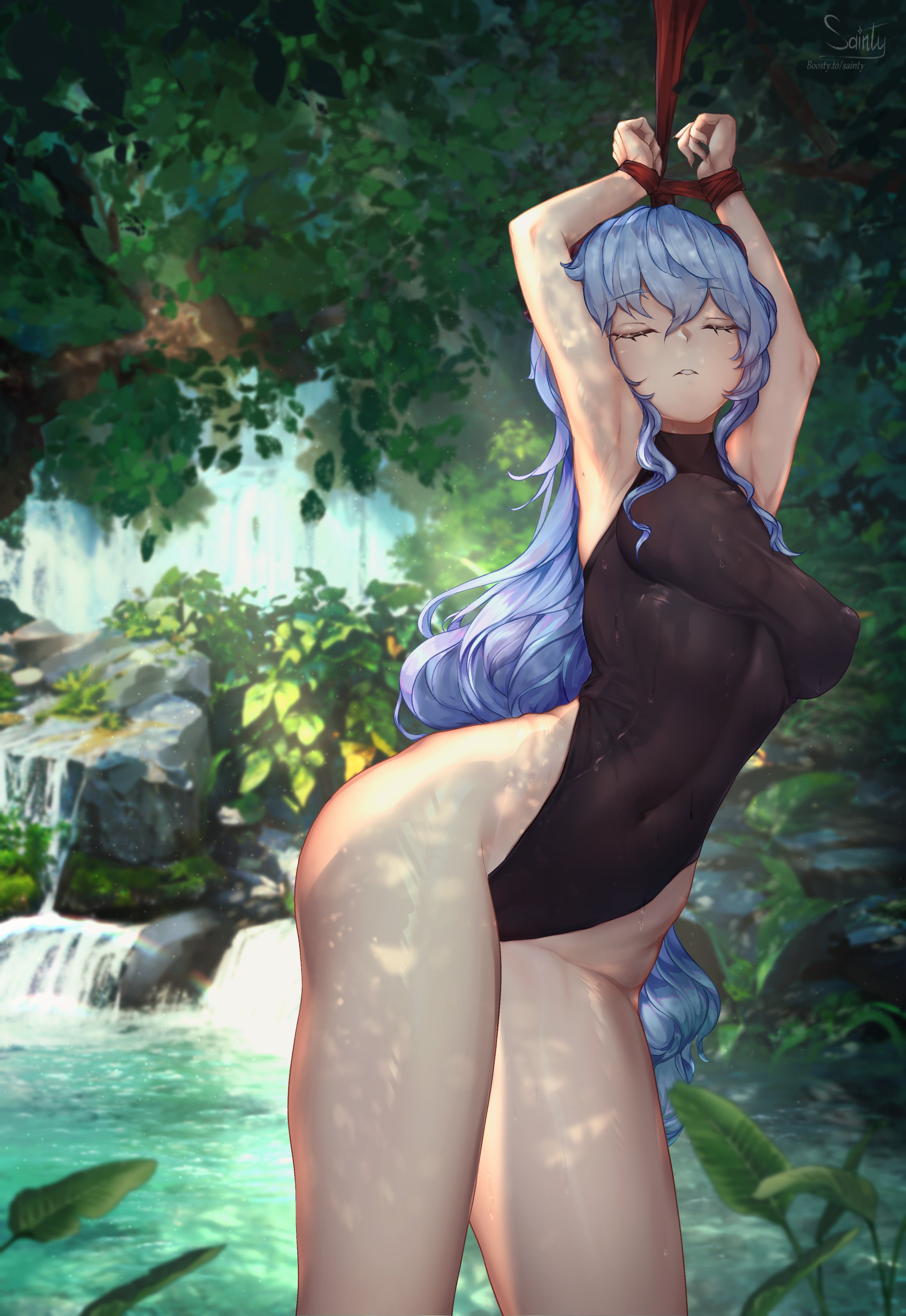 1girls, absurd res, artist name, artist signature, blue hair, bondage, closed eyes, detailed background, female, female only, ganyu (genshin impact), genshin impact, leotard, long hair, nipple bulge, outdoors, sainty, solo, tied up