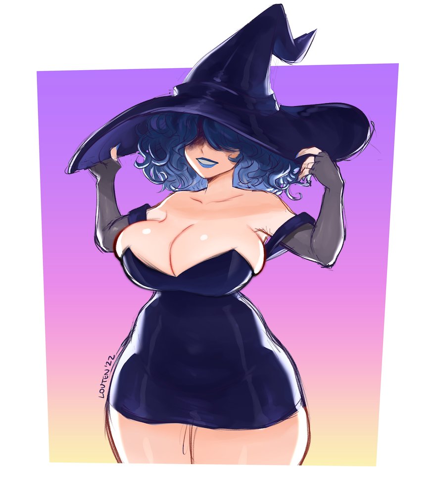 big_breasts colored cordelia_(dead_estate) dead_estate dress female hat louten purple_dress purple_hair purple_hat thick tight_clothing witch witch_hat