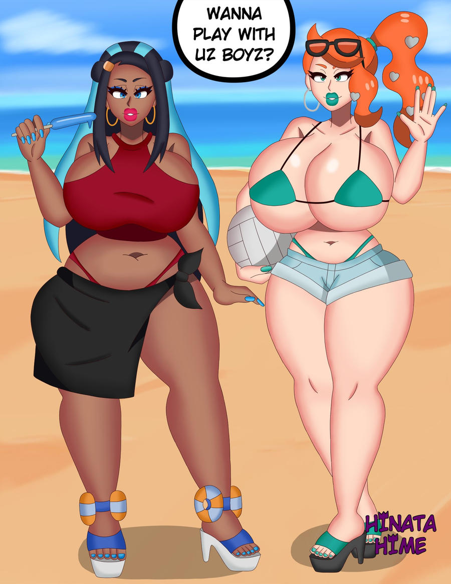 2girls, alternate breast size, ass, bikini top, bimbo, bimbo lips, breasts, dark skin, dark-skinned female, earrings, english text, eyewear on head, female, female only, green eyes, high heels, hinata-hime, huge ass, huge breasts, human, light skin, light-skinned female, midriff, multicolored hair, multiple females, multiple girls, navel, nessa (pokemon), pokemon, pokemon ss, sonia (pokemon), sunglasses on head, text, thick thighs, wide hips