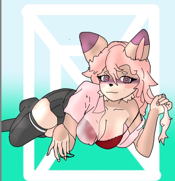 big_breasts clothed crispytyph furry hazel_(typh) heart-shaped_pupils looking_at_viewer loose_hair pink_hair red_bra transparent_clothing typh