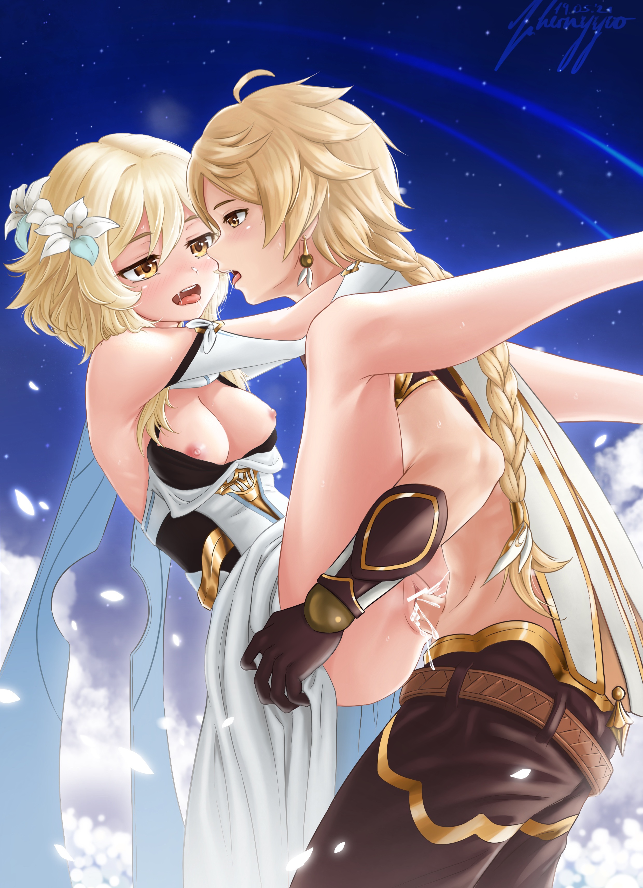 1boy, 1girls, aether (genshin impact), blushing, blushing at partner, breasts, breasts out, brother and sister, censor bar, censored, clothed sex, color, creampie, cum, cum in pussy, cum inside, earring, embarrassed, female, genital fluids, genitals, genshin impact, hair ornament, hoyoverse, impregnation risk, incest, looking at partner, lumine (genshin impact), male, male/female, mihoyo, overflowing cum, penetration, possible impregnation, pussy, raw sex, romantic, romantic sex, saliva, saliva string, sex, siblings, smile, spread legs, straight, sweat, sweating, tagme, twincest, twins, unprotected incest, unprotected sex, vaginal, vaginal penetration