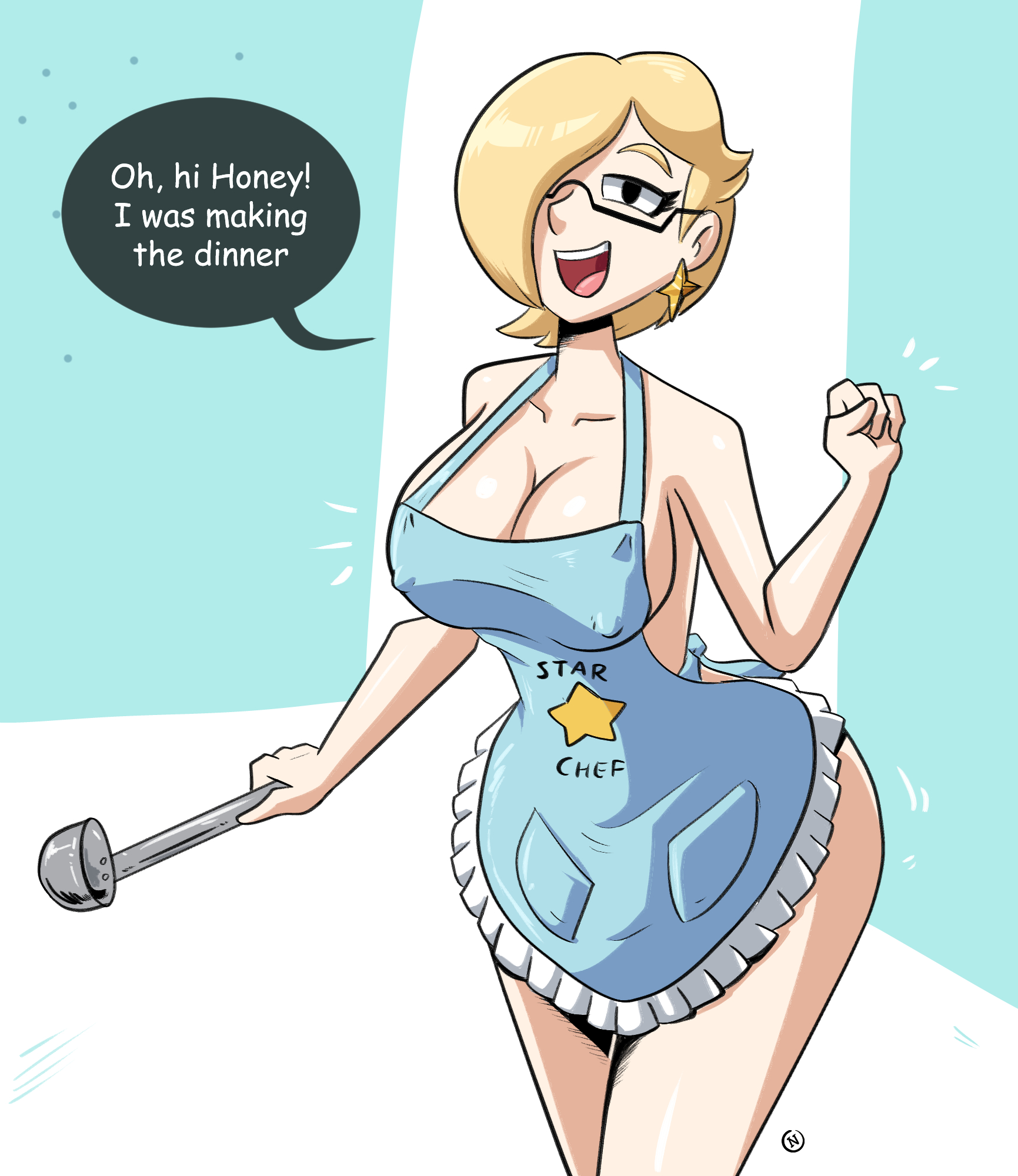 1girls, alternate hairstyle, apron, apron only, big breasts, blonde hair, breasts, cleavage, earrings, female, glasses, hair over one eye, mario (series), milf, naked apron, nanus2, nintendo, nipples, princess rosalina, short hair, super mario galaxy, talking to viewer