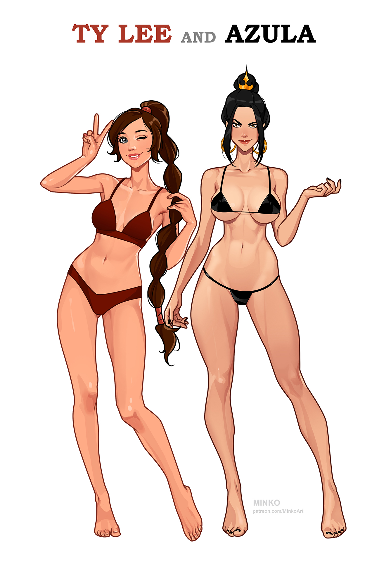 2girls, avatar the last airbender, azula, bra, female, female only, human, looking at viewer, minko, multiple females, multiple girls, olena minko, smooth skin, ty lee, underwear