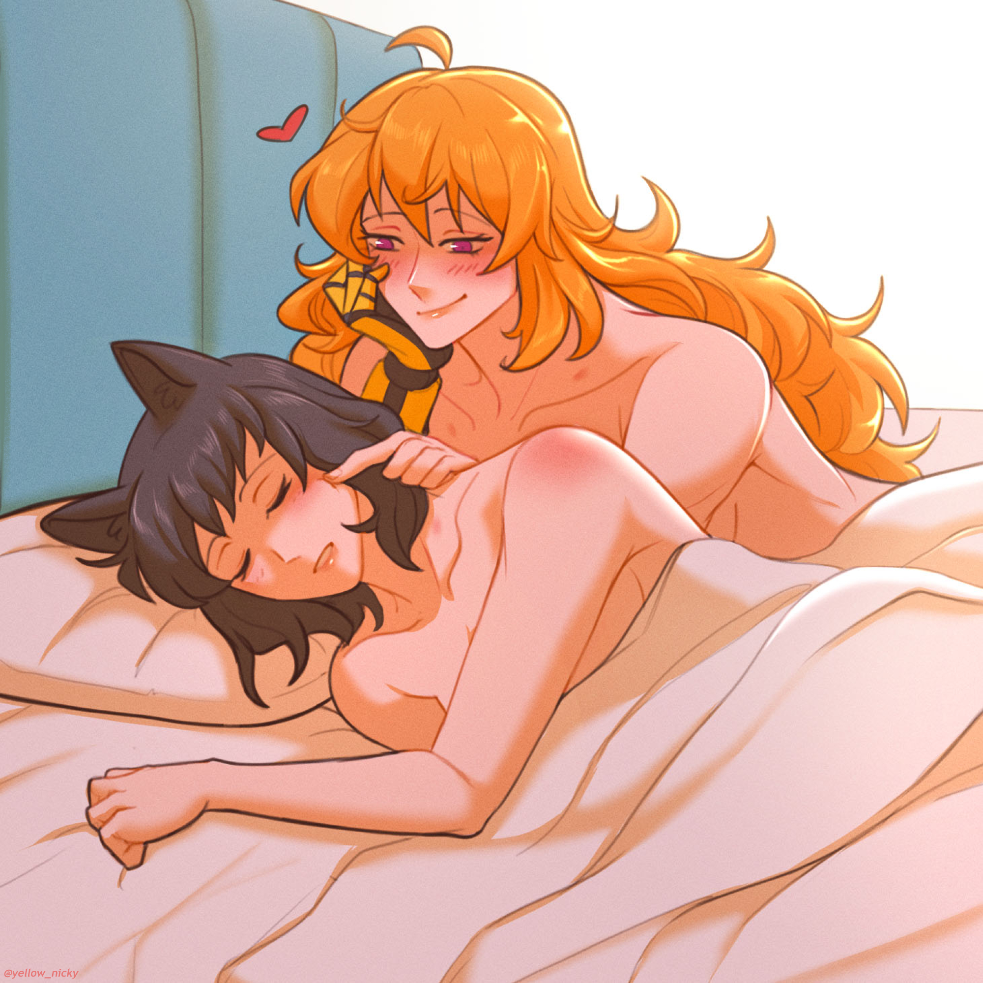 2girls, after sex, ahoge, black hair, blake belladonna, blanket, blonde hair, bob cut, canon couple, cat ears, cat girl, catgirl, closed eyes, color, completely nude, digital drawing (artwork), faunus, female, finger on cheek, kemonomimi, lesbian focus, long hair, looking at partner, love, markings, mechanical arm, multiple females, multiple girls, nude, pillow, prosthetic, prosthetic arm, prosthetic limb, purple skin, rooster teeth, rwby, sheets, short hair, sleeping, smooth skin, tagme, tender, wholesome, yang xiao long, yellow nicky (artist), yuri