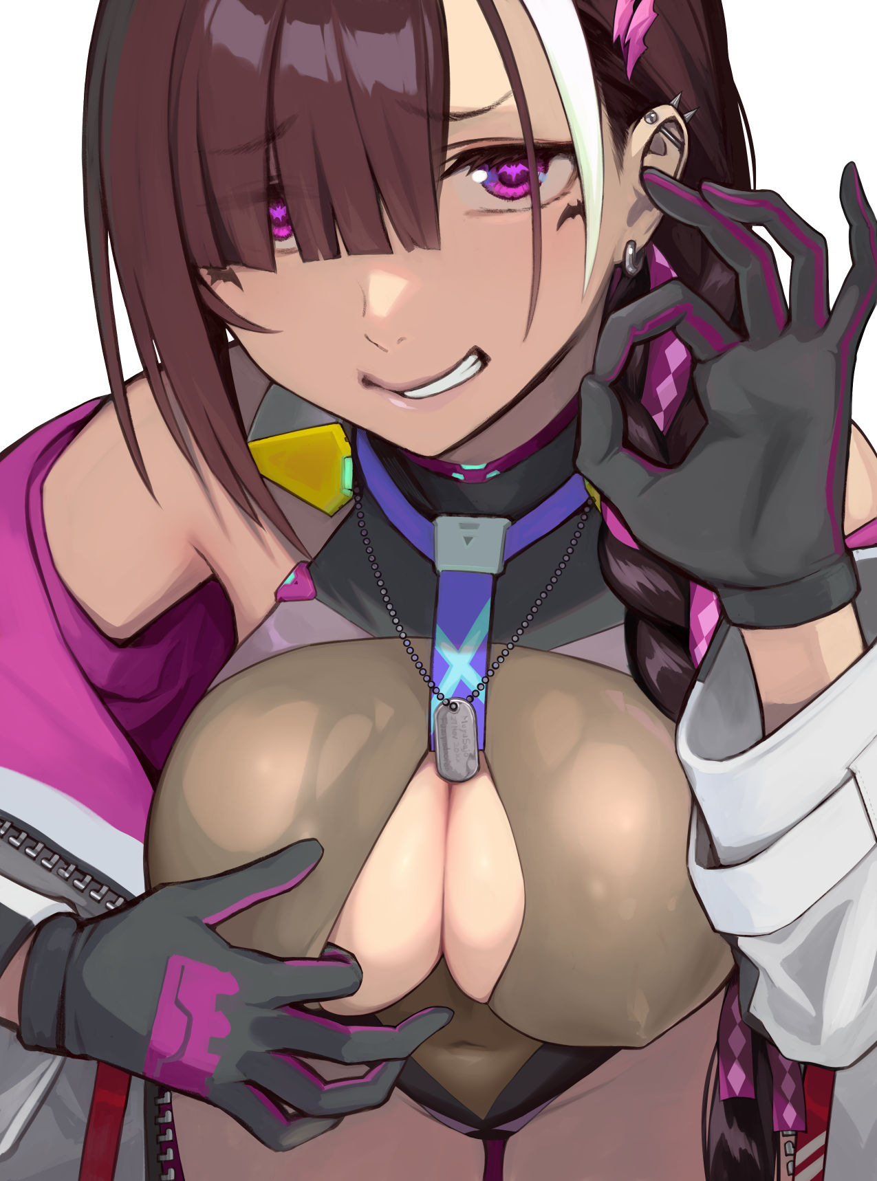 1girls, big breasts, braid, breasts, busty, cleavage, cleavage cutout, clothing cutout, covered erect nipples, covered navel, female, female only, grin, indie virtual youtuber, large breasts, leaning forward, legs, leotard, leotard pull, light skin, light-skinned female, long hair, looking at viewer, naughty face, purple eyes, purple hair, sajo muyu, smile, teasing, thick thighs, thighs, virtual youtuber, voluptuous, yuzuriha (active homing)