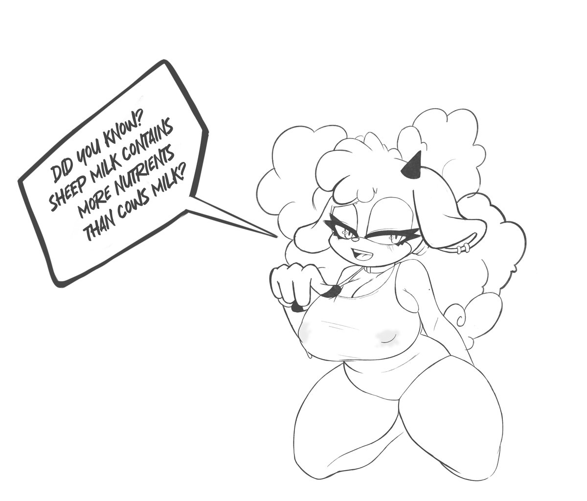 1girls, 2d, anthro, big breasts, big hair, breasts, caprine, champchidi, cleavage, collar, ear piercing, english text, ewe, eyelashes, female, fluffy, horns, huge breasts, idw comics, idw publishing, lactation, lanolin the sheep, leaking milk, leotard, looking at viewer, mobian, mobian (species), mobian sheep, monochrome, nipples visible through clothing, one-piece swimsuit, piercing, piercings, sega, sheep, sheep girl, sketch, solo, sonic (series), sonic the hedgehog (comics), sonic the hedgehog (idw), sonic the hedgehog (series), sparkling eyes, talking to viewer, text, thick, thick thighs, wool, wool (fur)