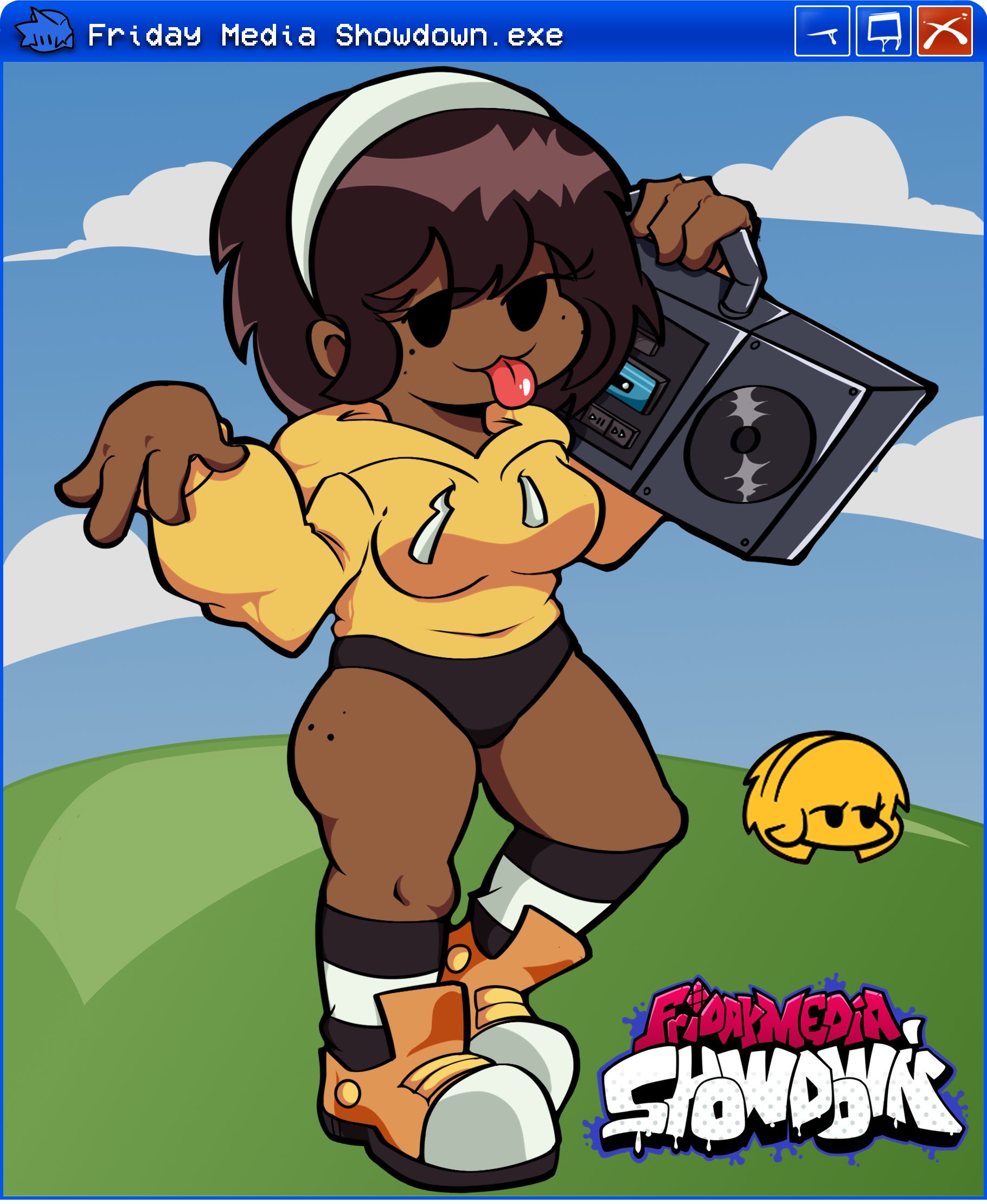 boombox, brown hair, dark skin, dark-skinned female, female, freckles, freckles on ass, friday night funkin, friday night funkin mod, girlfriend (friday media showdown), girlfriend (friday night funkin), large filesize, looking at viewer, orange shoes, short hair, standing, striped legwear, striped socks, tagme, thighs, tongue, tongue out, white headband, yellow hoodie, yellow jacket