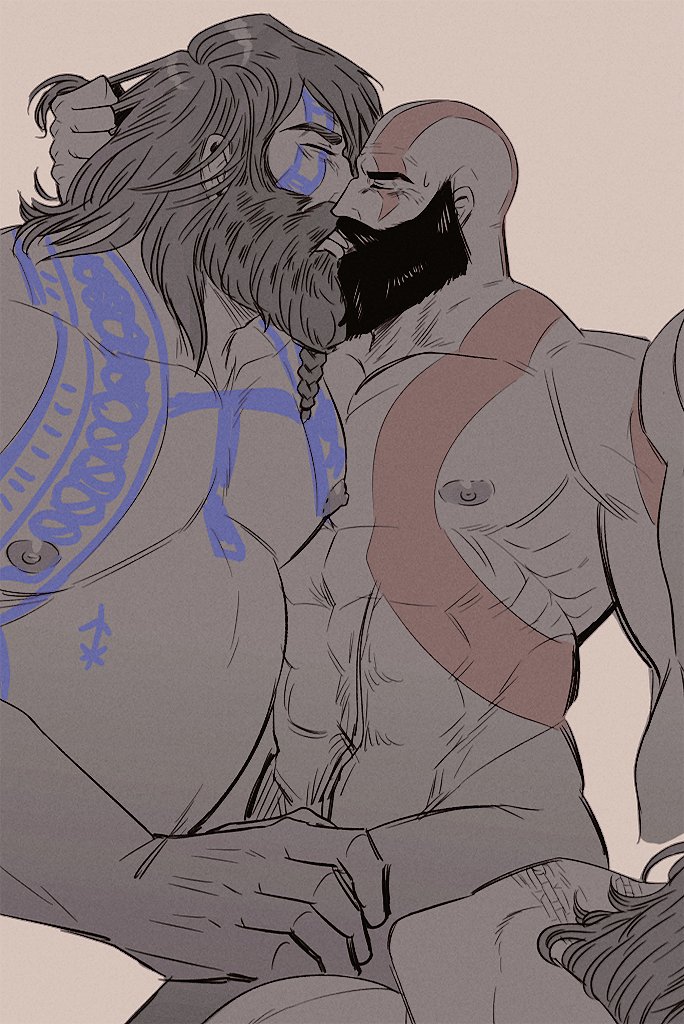 beard european_mythology gay god_of_war god_of_war_ragnarok hair_pull kissing kon_likes_corn kratos making_out male/male male_only monochrome muscles muscular muscular_male mythology norse_mythology nude sony sony_corporation sony_interactive_entertainment tattoo thor_(god_of_war)