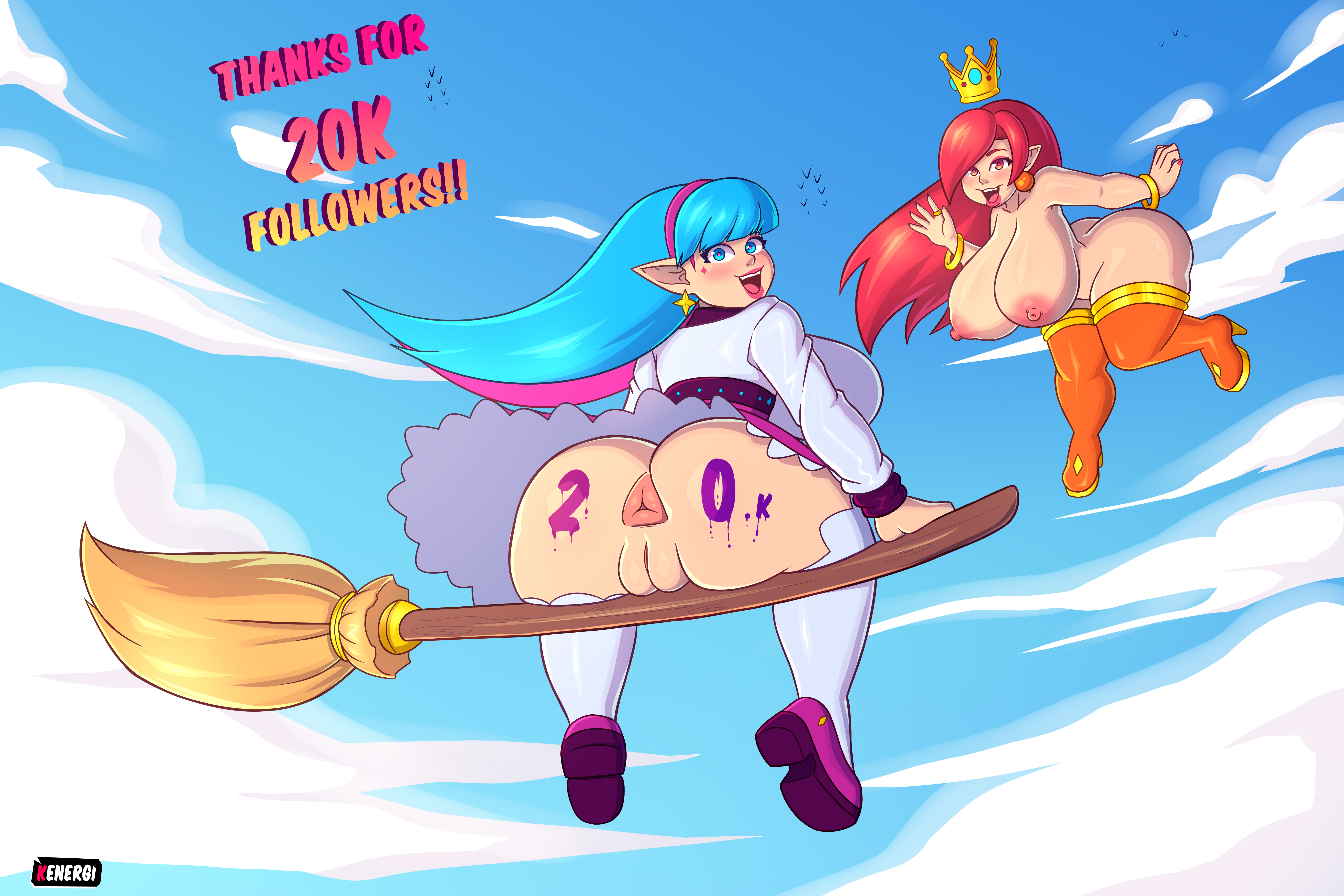 2girls, anus, ass, ass focus, big ass, big breasts, big butt, blue eyes, blue hair, breasts, broom, fairy, female, female only, juini (kenergi), kenergi, magic, multiple females, multiple girls, oc, original, original character, pink hair, pussy, red eyes, red hair, school uniform, schoolgirl, shiny skin, shortstack, thick ass, thick thighs, thighhighs, thighs, two-tone hair, vagina, witch