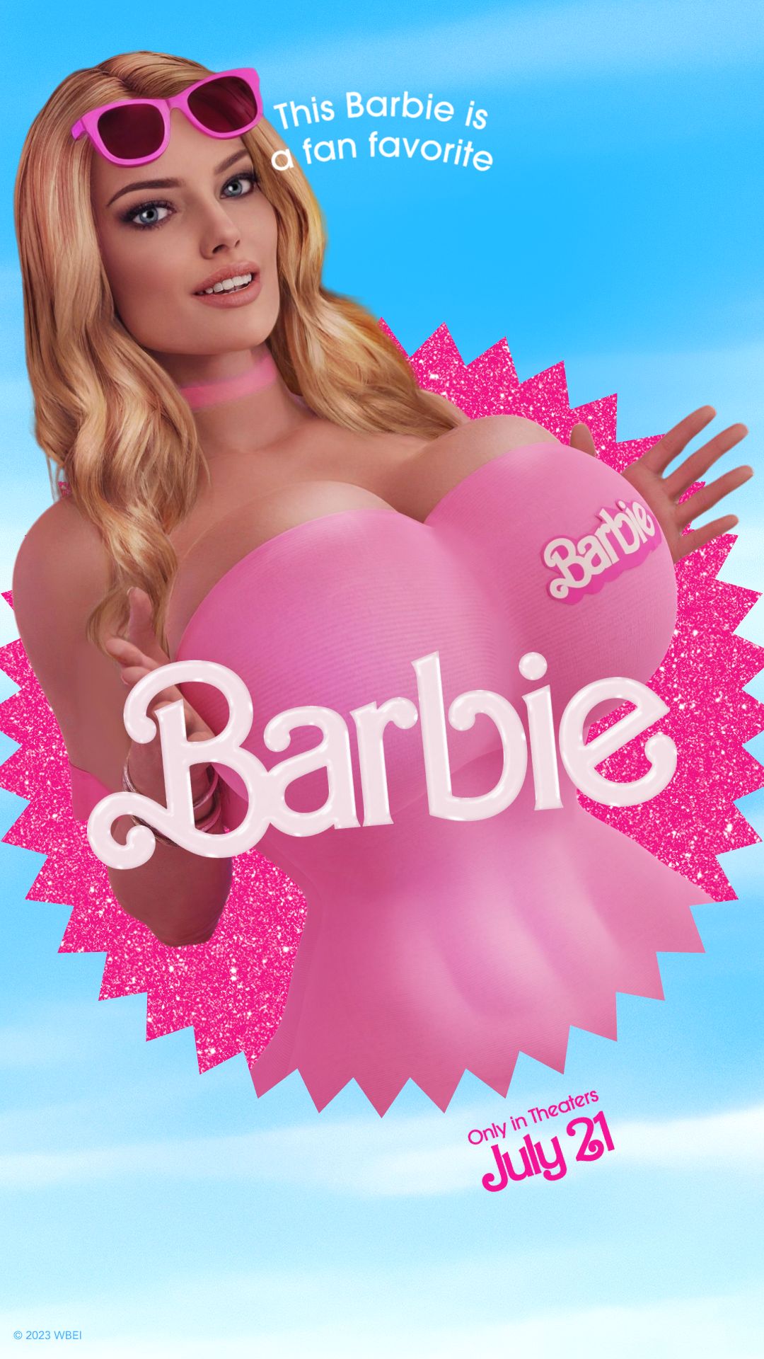 3d barbara_millicent_roberts barbie_(2023) barbie_(franchise) barbie_(margot_robbie) bimbo blonde_hair blue_eyes busty cleavage female female_focus female_only hourglass_figure margot_robbie one-piece_swimsuit pinup pinup_pose sekaithereturn swimsuit tagme wide_hips