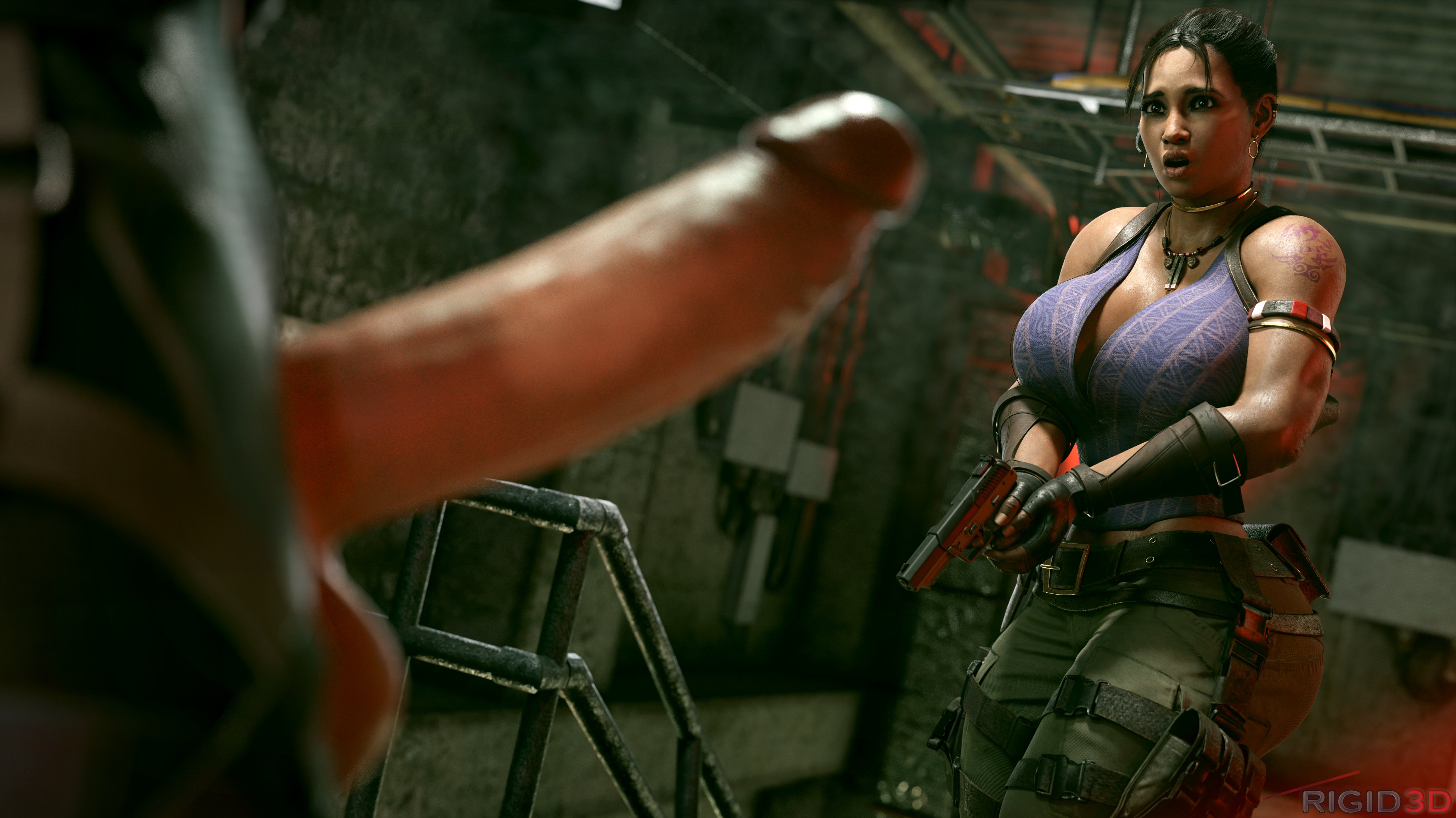 1futa, 1girls, 2023, 3d, balls, big balls, big breasts, big penis, breasts, cock shock, dark skin, dark-skinned female, female, futa with female, futanari, gun, human, interracial, intersex, jill valentine, large breasts, large penis, light skin, light-skinned futa, penis, resident evil, resident evil 5, rigid3d, sheva alomar, shocked expression, smooth skin, tagme, thick penis, veiny penis