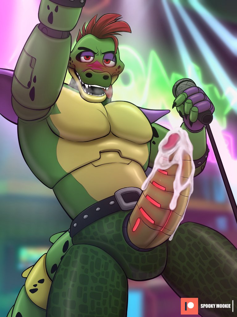 alligator anthro balls big_penis blush boner cum erection five_nights_at_freddy's five_nights_at_freddy's:_security_breach green_skin male male_only mohawk mohawk_(hairstyle) montgomery_gator_(fnaf) muscles muscular penis red_hair scalie solo solo_male spooky_mookie steamy_breath straight_hair tail