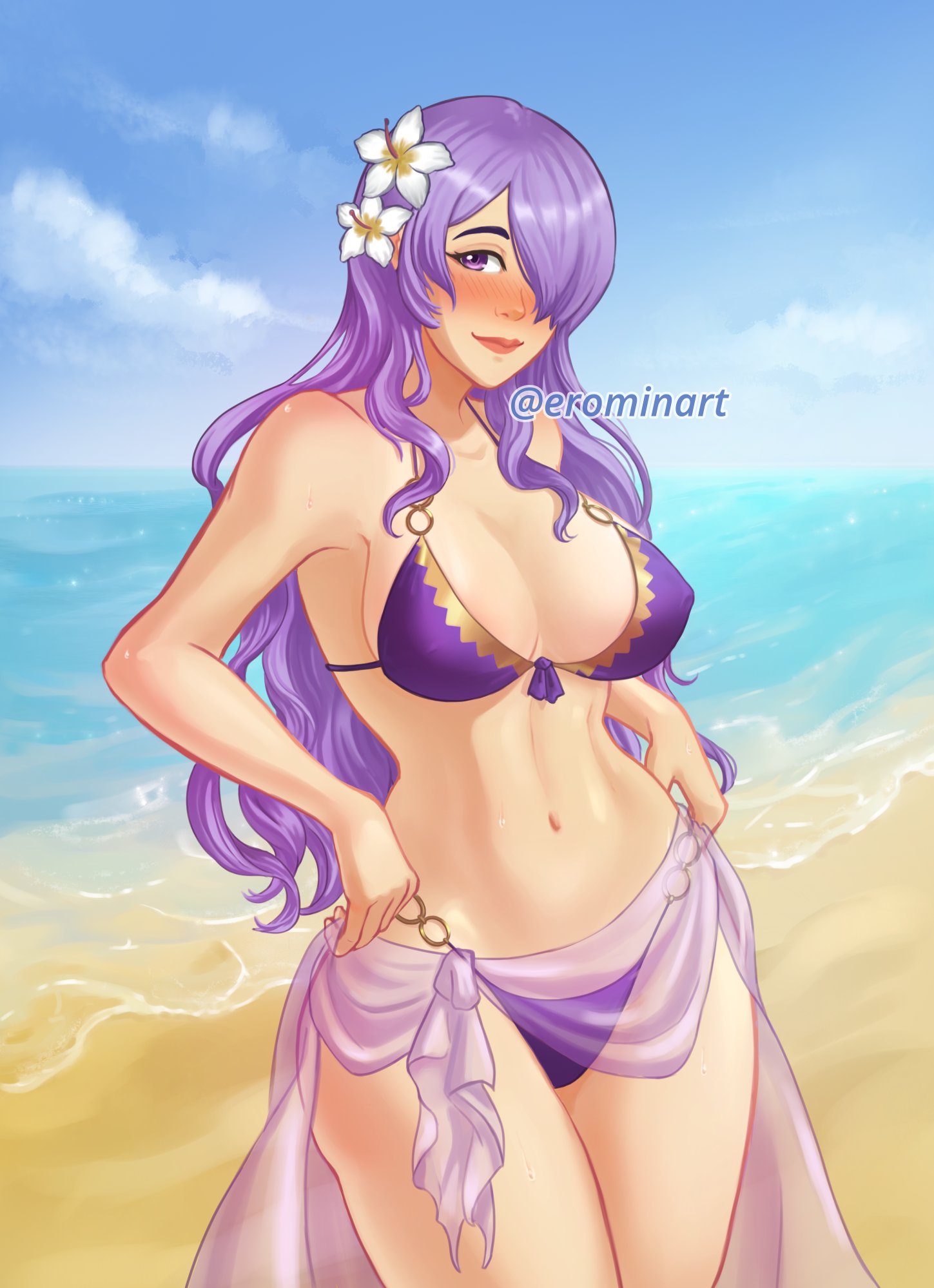 1girls alternate_costume bikini breasts camilla_(fire_emblem) camilla_(summer)_(fire_emblem) covered_nipples erominart female female_only fire_emblem fire_emblem_fates fire_emblem_heroes hair_flower hair_over_one_eye long_hair looking_at_viewer mbreasts nintendo official_alternate_costume pink_eyes purple_bikini purple_hair purple_swimsuit solo swimsuit very_long_hair