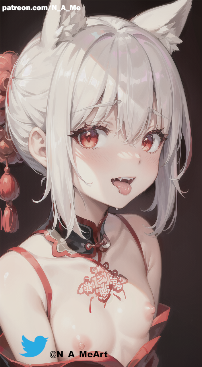 ai_generated animal_ears artist_name black_dress blush choker drool fangs female female_only hair_ornament half-dressed looking_at_viewer makeup medium_breasts n_a_me open_mouth pointy_chin red_background red_eyes short_hair solo stable_diffusion tongue tongue_out white_hair wolf_girl