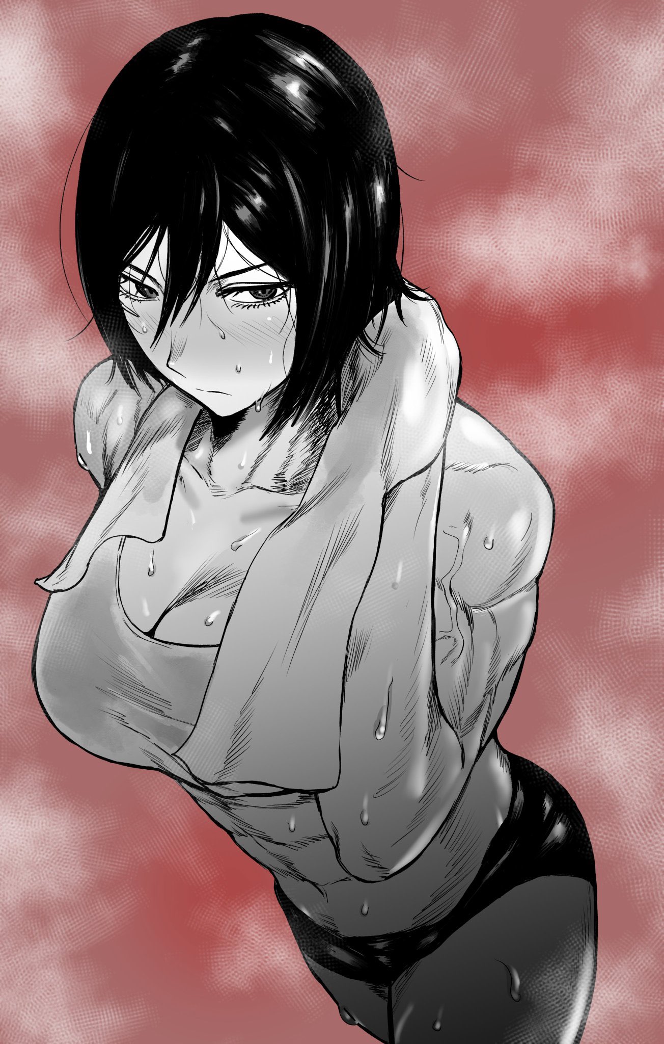 1girls, above view, abs, after training, after workout, akasa523, asian, asian female, athletic, athletic female, attack on titan, big breasts, black hair, blush, blushing, breasts, busty, chiseled abs, chiseled body, dark hair, female, female abs, female only, fit, fit female, gym clothes, huge breasts, large breasts, mikasa ackerman, muscles, muscular, muscular abdomen, muscular abs, muscular female, scar, scar on cheek, scar on face, scar under eye, shingeki no kyojin, short hair, short-haired female, solo, solo female, steam, steaming body, steamy, sweat, sweating, sweaty, thick, thick thighs, toned, toned female, towel, towel around neck, workout, workout clothes