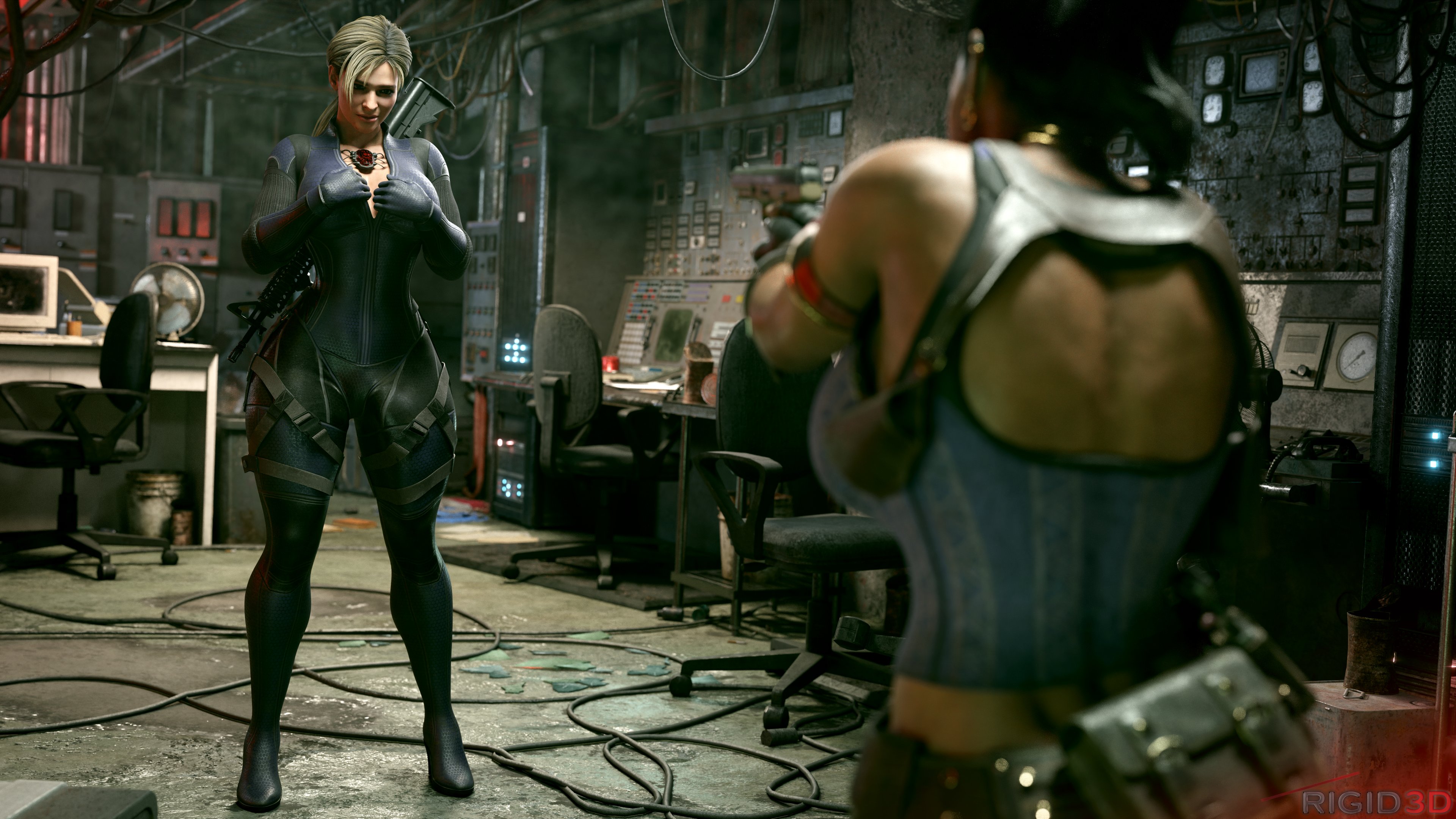 1futa, 1girls, 2023, 3d, bulge, bulge through clothing, capcom, female, futanari, interracial, intersex, jill valentine, jill valentine (blonde), resident evil, resident evil 5, rigid3d, sheva alomar, smooth skin, tagme