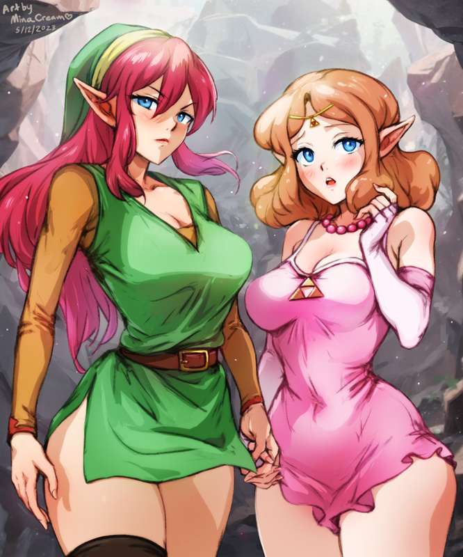 2023 2girls alternate_version_available arm_gloves artist_name blue_eyes brown_hair cleavage dated dress elf_ears english_text female female_only fingerless_gloves holding_hands link link_(shounen_captain) long_hair long_red_hair medium_breasts minacream nintendo princess_zelda red_hair rule_63 text the_legend_of_zelda the_legend_of_zelda_(nes) tunic yuri zelda_(nes)