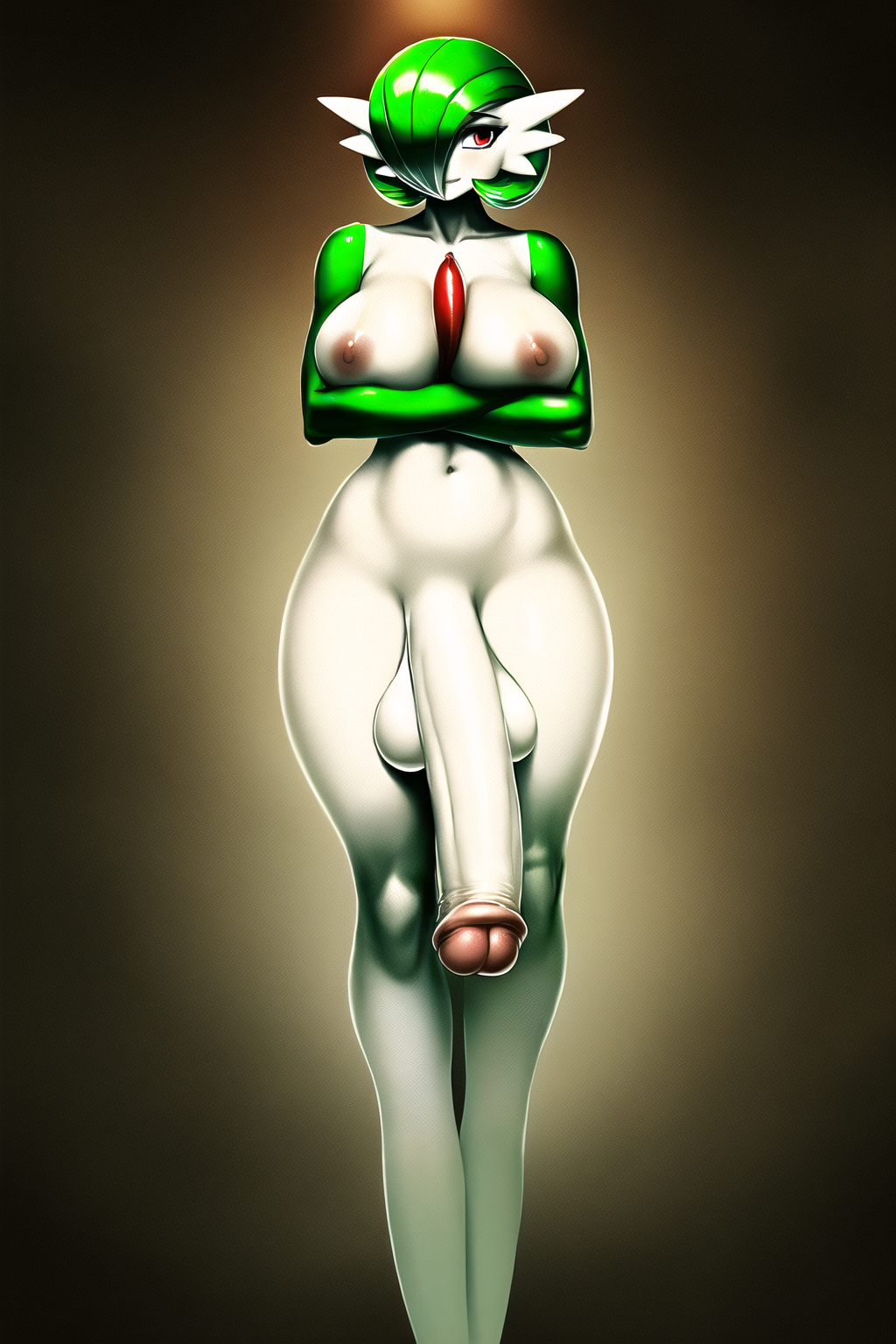 ai generated, anthro, arms crossed, balls, ballsack, big balls, big penis, big testicles, creature, creatures (company), dickgirl, futa gardevoir, futa only, futanari, gardevoir, green skin, horny, huge balls, huge cock, huge testicles, humanoid, hyper penis, intersex, nai diffusion, nintendo, penis, pokémon (species), pokemon, pokemon (species), red eyes, smile, smiling, solo, solo futa, stable diffusion, testicles, white skin, wide hips