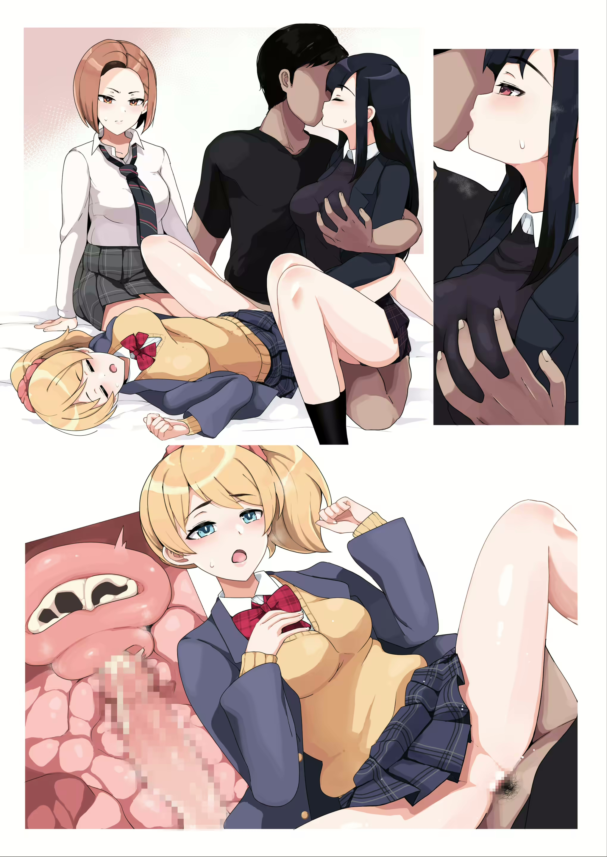 3girls, black hair, blonde hair, censored, cum, cum in pussy, cum in uterus, cum inside, female, impregnation, internal cumshot, kissing, kissing while penetrated, missionary position, mosaic censoring, original, pussy, sasanoha toro, x-ray