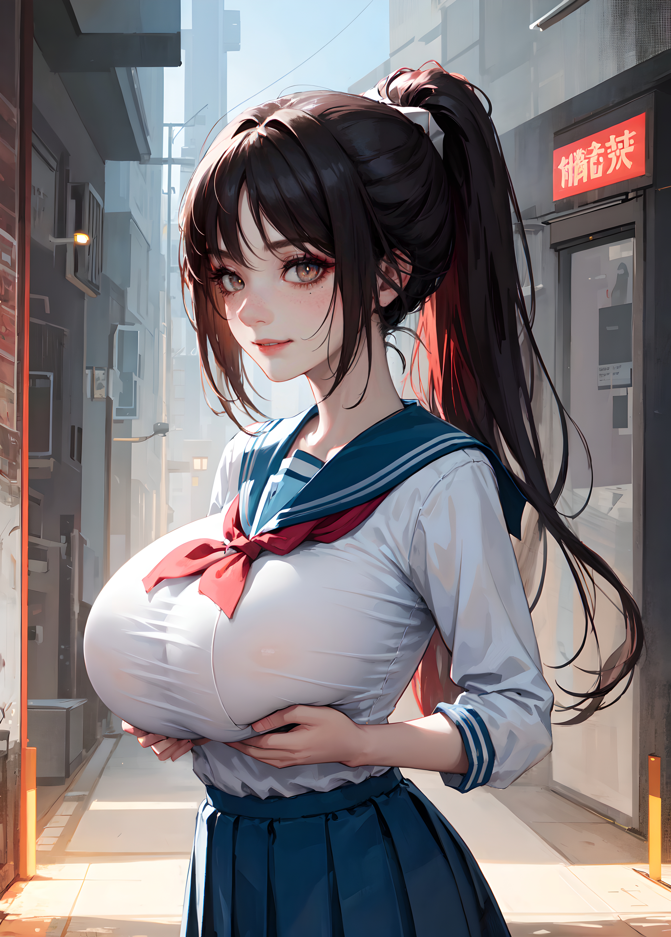 1girls, ai generated, bdsm gear, black hair, bondage gear, bondage outfit, breasts, brown eyes, brown hair, character request, choker, curvaceous, curvy body, curvy female, female, female focus, female only, fringe, hi res, huge breasts, light skin, light-skinned female, long hair, pale skin, pale-skinned female, petite, ponytail, red eyeshadow, school uniform, schoolgirl, seductive look, seductive smile, smile, solo female, solo focus, stable diffusion