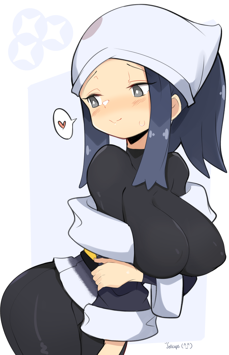 1girls, aged up, akari (pokemon), alternate breast size, blue eyes, blue hair, breasts, female, game freak, headscarf, hi res, huge breasts, human, jellcaps, light skin, light-skinned female, long hair, nintendo, png, pokemon, pokemon legends: arceus, ponytail, signature, simple background, slim waist, thick thighs
