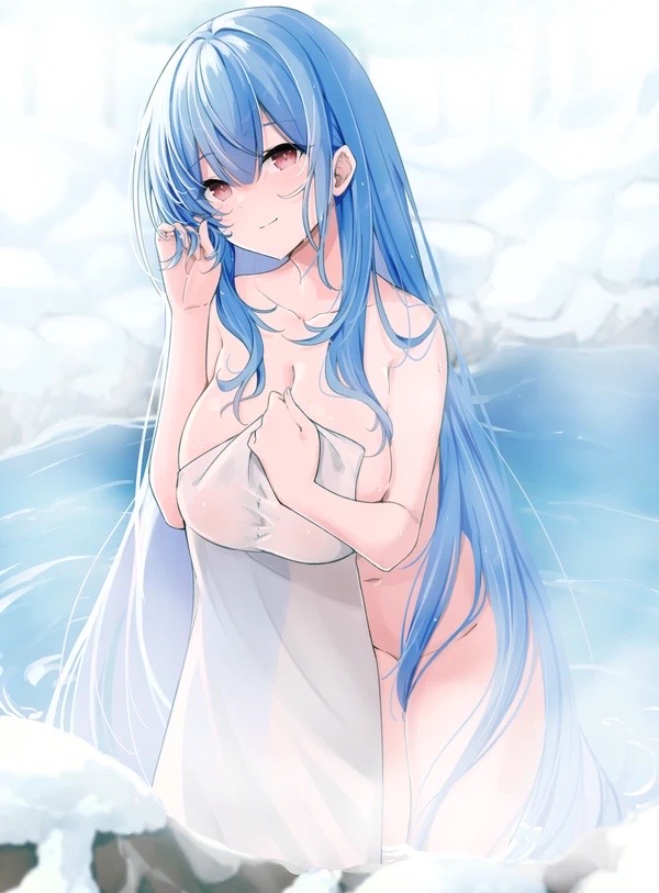 1girls azur_lane belly_button blue_hair cleavage eyebrows_visible_through_hair female female_only hot_spring leer.meer_(leer_meerlm) light-skinned_female light_skin onsen red_eyes solo towel towel_only voroshilov_(azur_lane) voroshilov_(devoted_as_the_warm_snow)_(azur_lane) water