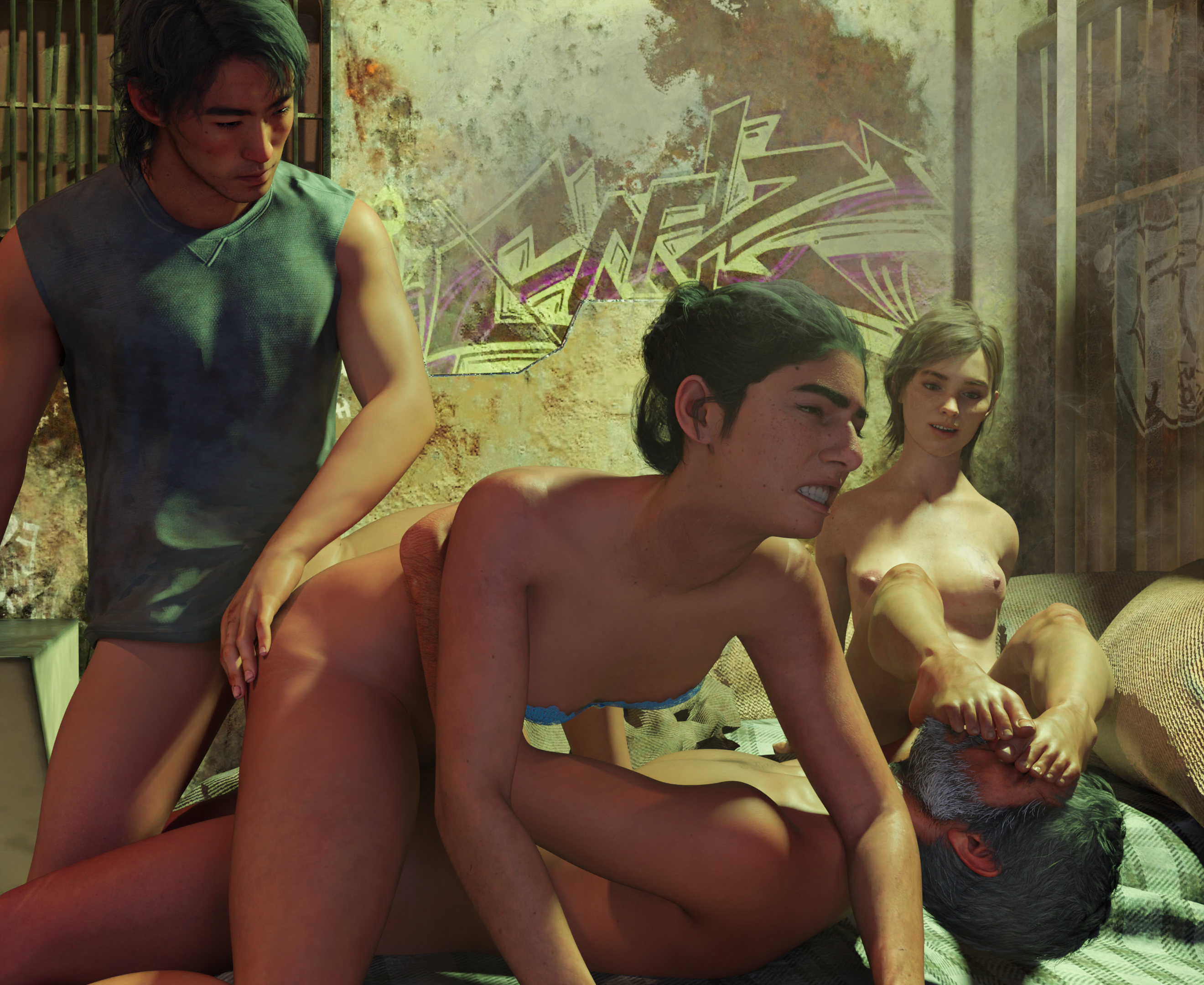 2boys, 2girls, 3d, 4k, absurd res, absurdres, age difference, all fours, anal, anal sex, areolae, asian male, barefoot, black hair, breasts, brown hair, cowdog double penetration, cowdog position, cowgirl position, dina (the last of us), doggy style, ellie (the last of us), ellie williams, erect nipples, feet, feet on face, female, female penetrated, ffmm foursome, foot fetish, foot on face, foot play, foursome, from behind, from behind position, group sex, hi res, highres, human, jesse (the last of us), joel miller, male, male penetrating, male penetrating female, medium breasts, michman79, multiple boys, multiple females, multiple girls, multiple males, naughty dog, nipples, nude, nude female, nude male, old male, older male, older penetrating younger, pussy, riding penis, sandwich position, sandwiched, sex, short hair, small breasts, sony interactive entertainment, the last of us, the last of us 2, tied hair, toes, vaginal penetration, vaginal sex