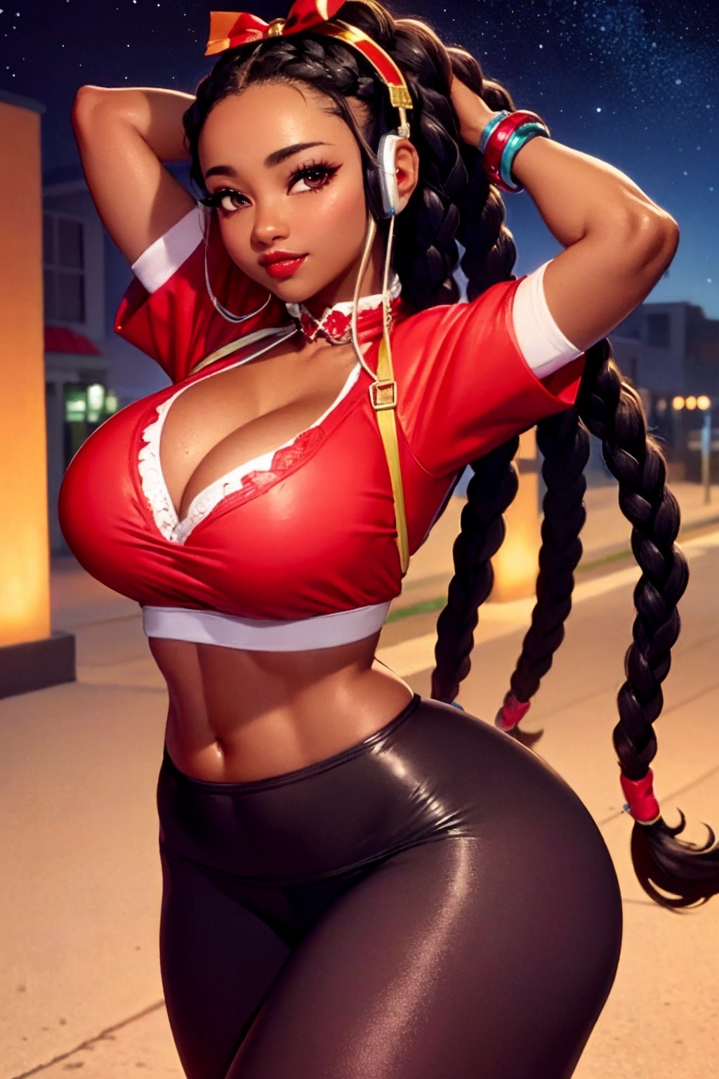 1girls, abs, ai generated, arms behind head, black hair, black pants, breasts, cleavage, clothed, crop top, dark skin, dark-skinned female, female, gym uniform, huge breasts, kimberly jackson, looking at viewer, midriff, pinup pose, solo, stable diffusion, standing, street fighter, street fighter 6, tight pants, yoga pants