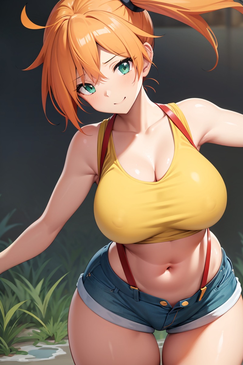 abs, ai generated, asymmetrical hair, blush, breasts, clothing, cowboy shot, crop top, denim, denim shorts, female, female only, game freak, gen 1 pokemon, green eyes, high resolution, hips, huge breasts, kasumi (pokemon), large breasts, legs, midriff, misty (pokemon), muscles, navel, nintendo, nipples, orange hair, pokemon, pokemon (anime), pokemon (classic anime), pokemon rgby, ponytail, shirt, short hair, short shorts, shorts, side ponytail, sleeveless, sleeveless shirt, solo, spiky hair, suspenders, tank top, thighs, tied hair, wide hips, yellow shirt