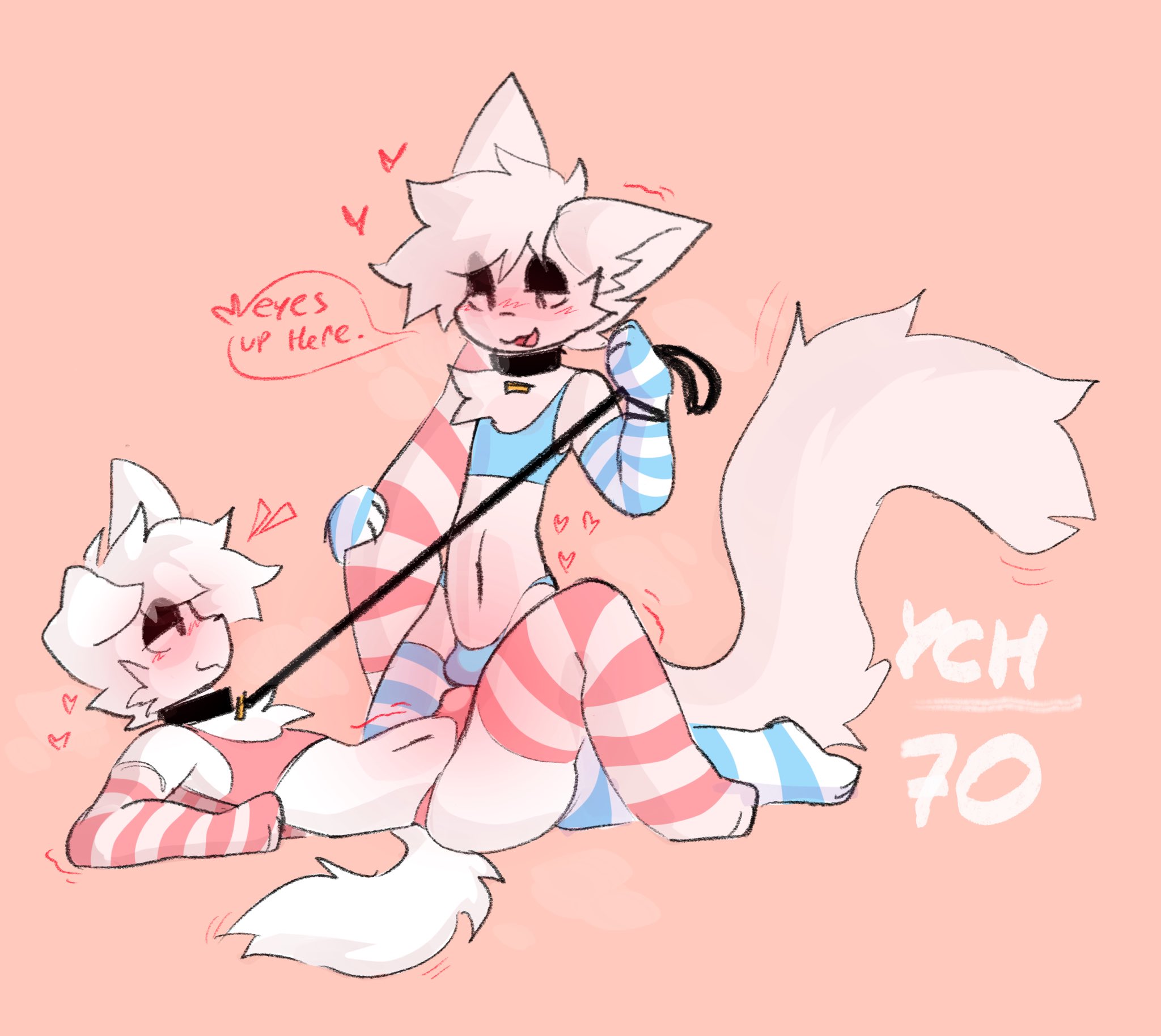 2025, 2boys, arm warmers, belly, blush, blush lines, bulge, bulge frottage, canine, cat boy, cat ears, catboy, collar, collar and leash, cropped tank top, dialogue, dog ears, eyes half open, feline, femboy, floating heart, floating hearts, frottage, frotting, furry, gay, heart, leash, leash and collar, male, panties, pulling on leash, sammy toyy, tail, text, text bubble, thigh highs, thighs, tremble lines, tremble spikes, tugging leash, ych