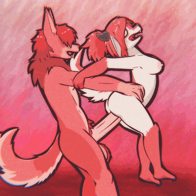 1:1, 1boy1girl, animated, anthro, anthro on anthro, anthro only, ass ripple, bouncing breasts, breasts, canid, canine, carrying another, carrying partner, duo, female, from behind, from behind position, fur, furry, furry only, grabbing, grabbing from behind, grabbing waist, grinion, grinion (species), holding partner, holding waist, horn, huge cock, large penis, larger male, long penis, male, male/female, mammal, naked, no pupils, nude, nude female, nude male, open mouth, penetration, penis, pussy, red body, red fur, sam hansen, sex, short playtime, size difference, skashi95, smaller female, smiley cindy (skashi95), standing, standing sex, tail, vaginal penetration
