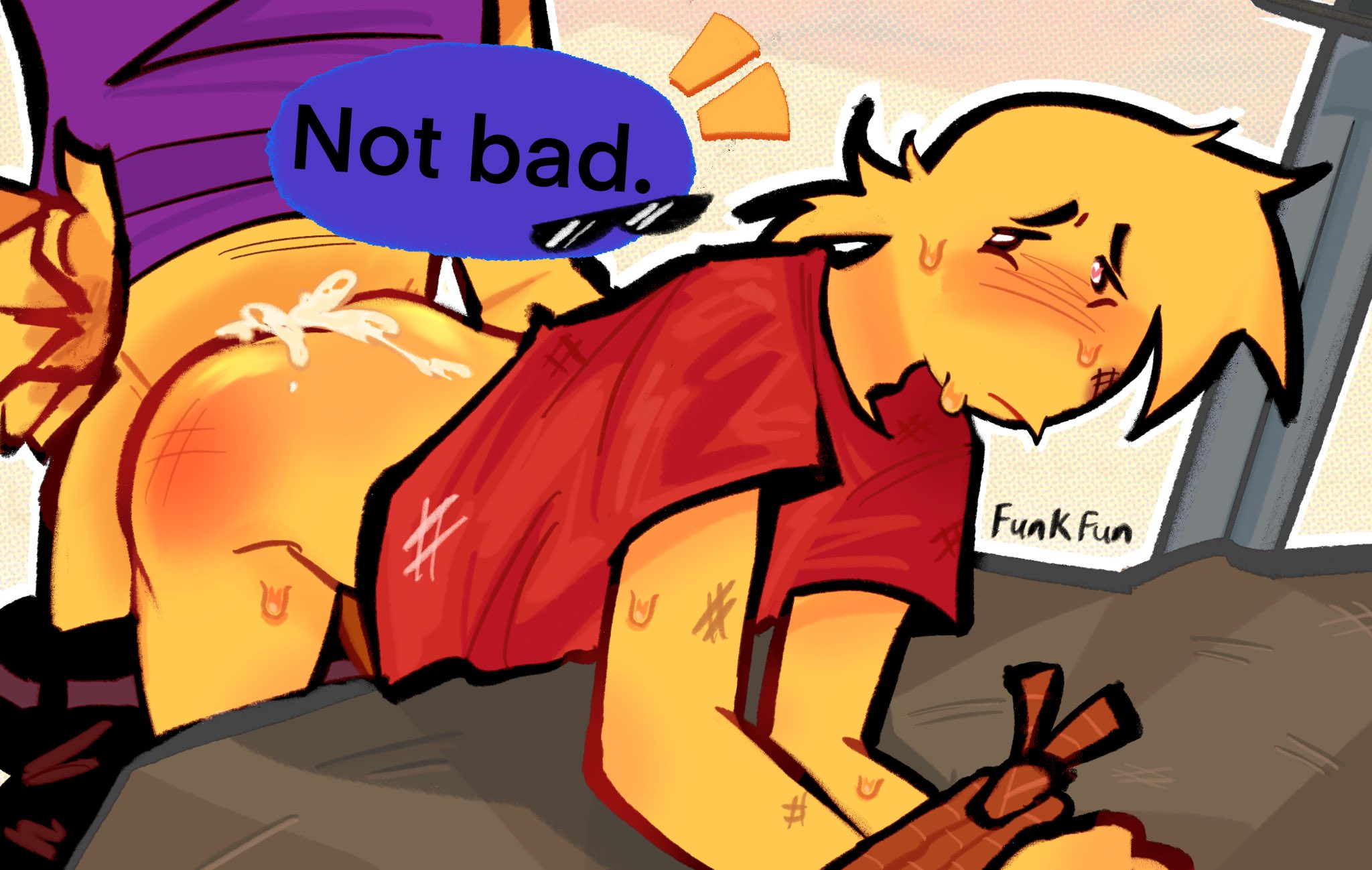 2boys, after sex, anal, anal sex, block tales, blush, cum, cum in ass, cum inside, duo, finn mccool (block tales), funkfun, gay, glasses, hands on hips, hands tied, male, pants down, player (block tales), roblox, roblox game, robloxian, shirt, spank marks, sweat, sweating, tagme, text, text bubble, tied hands, yellow body, yellow skin