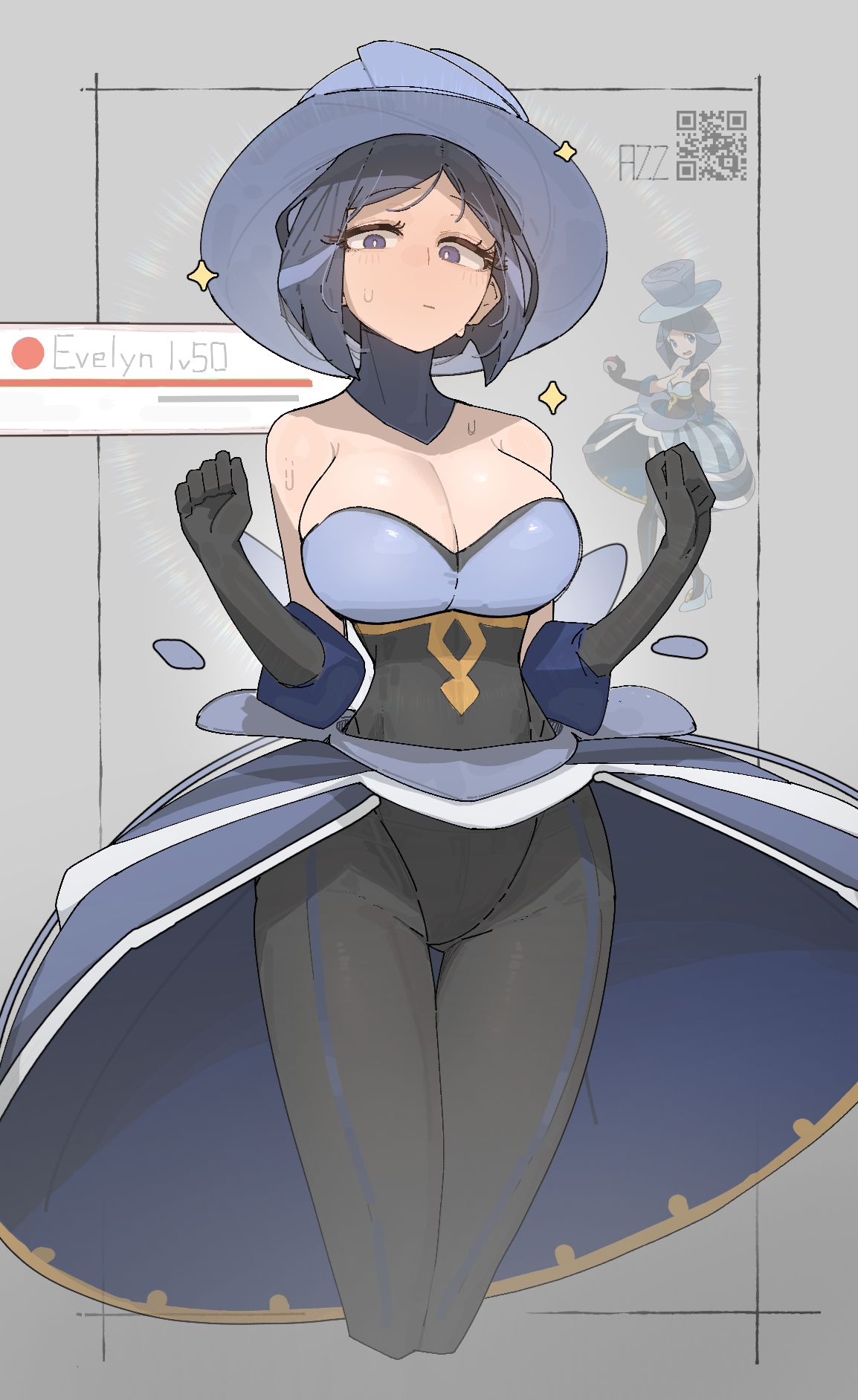 1girls, azz0422, bare shoulders, battle chatelaine, black gloves, black leotard, black pantyhose, blue dress, blue eyes, blue hair, blue hat, blush, breasts, cleavage, closed mouth, dress, elbow gloves, evelyn (pokemon), female, female only, gloves, hat, highres, large breasts, leotard, looking at viewer, nintendo, open mouth, pantyhose, pokemon, pokemon xy, short hair, solo, sweat, sweatdrop