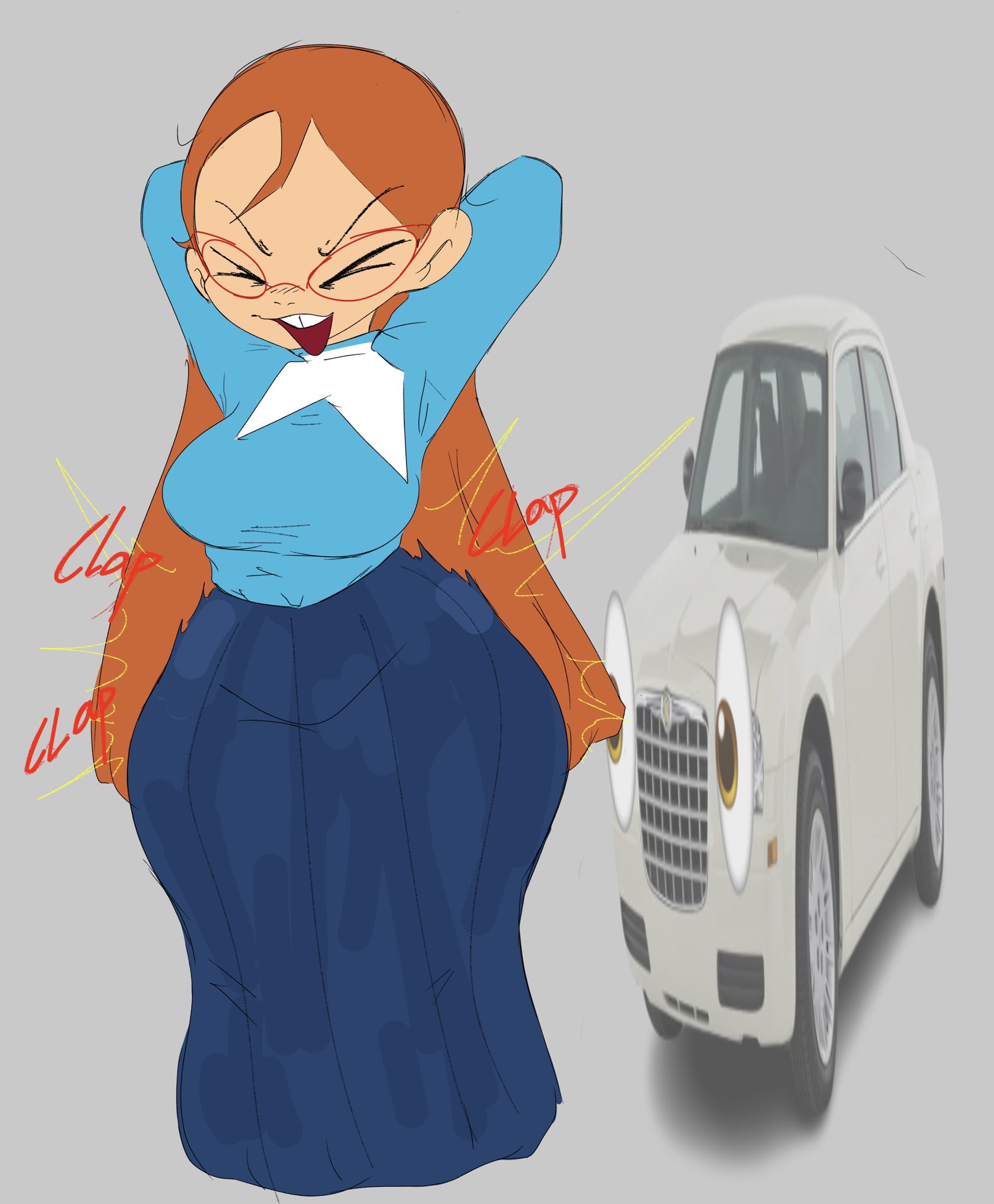 1girls, arms behind head, big ass, big breasts, breasts, buckteeth, challemgr, clapping cheeks, closed eyes, closed eyes smile, dress, english text, female, female focus, female only, fully clothed, glasses, kindergarten (game), kindergarten 3, light skin, long hair, ms. lovelett, orange hair, text, wide hips