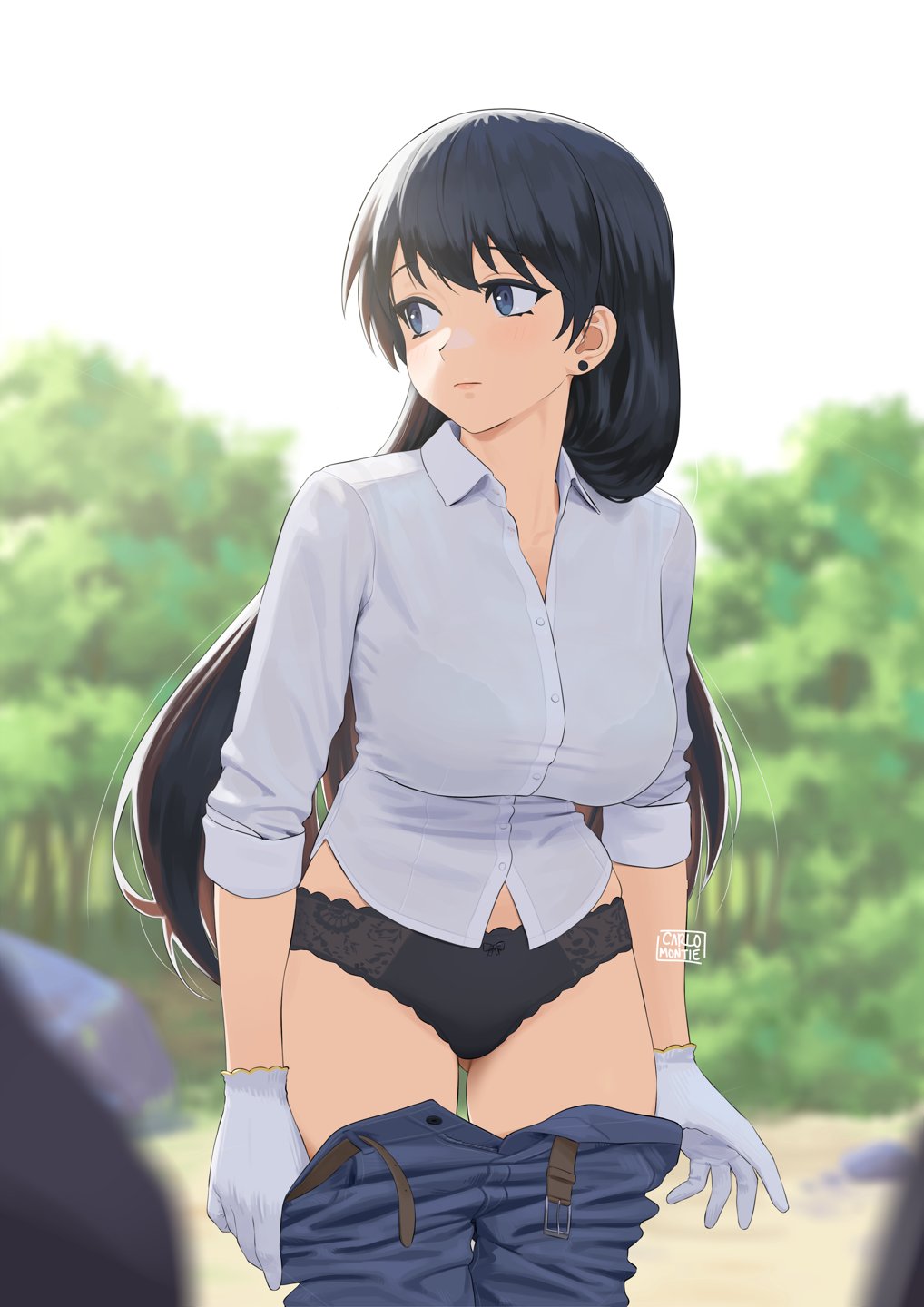 1girls, black panties, carlo montie, female, looking away, looking to the side, nagi arato, panties, pants down, removing clothing, removing pants, ruri no houseki, ruri rocks, undressing