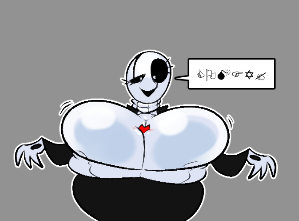 1girls, areola slip, between breasts, breasts, cleavage, cleavage cutout, cleavage overflow, deltarune, fem gaster, female, female focus, female only, gaster, genderbend, genderswap, huge breasts, labbatheclown, object between breasts, rule 63, soul (undertale), sweater, text, turtleneck, turtleneck sweater, undertale, undertale (series), white body, white sweater, wingdings, wingdings text