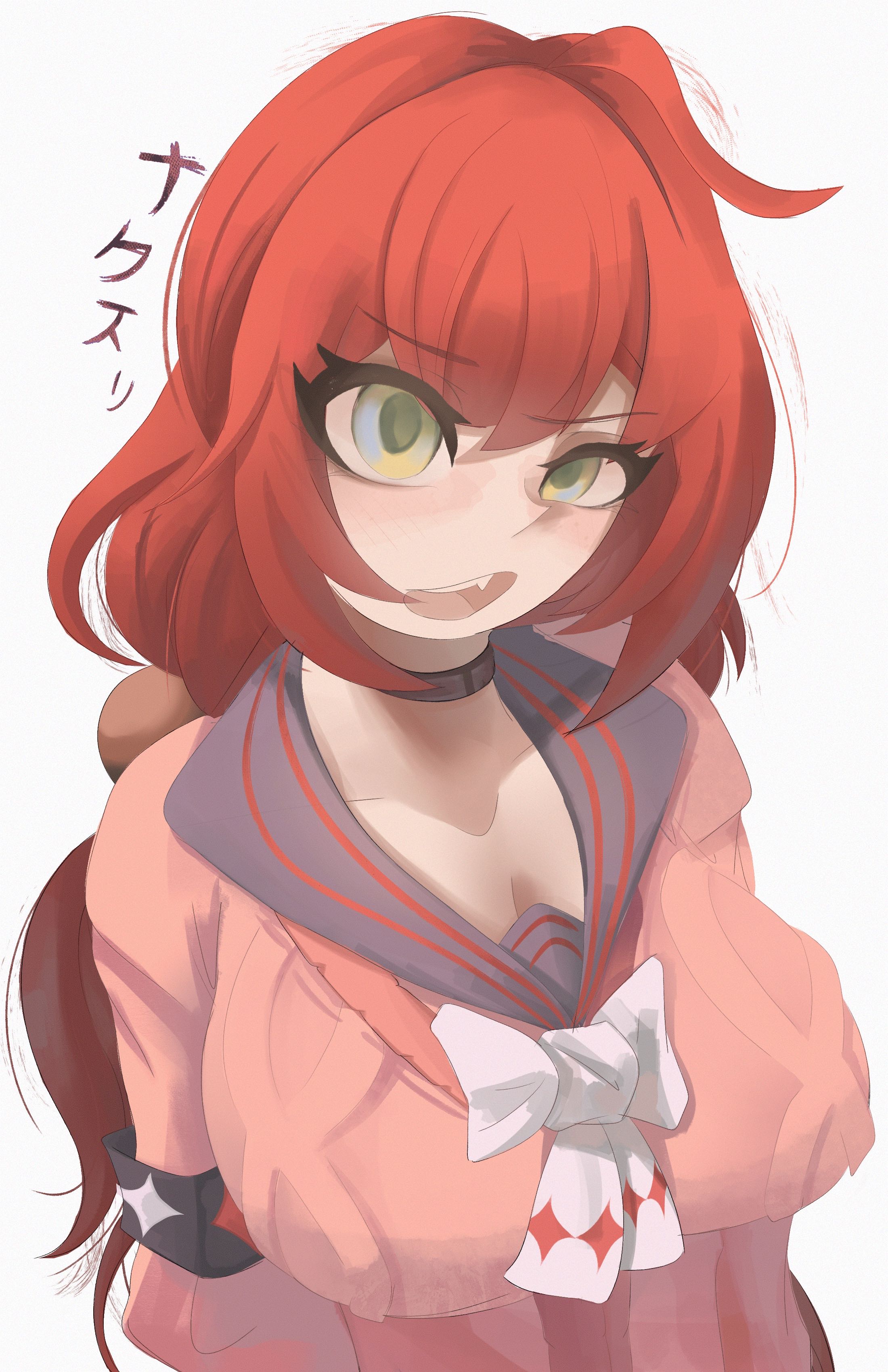 1girls, blush, breasts, cardigan, cleavage, female, large breasts, long hair, looking at viewer, naxless, open mouth, red hair, simple background, solo, solo female, solo focus, translation request, ukinami yuzuha, white background, zenless zone zero
