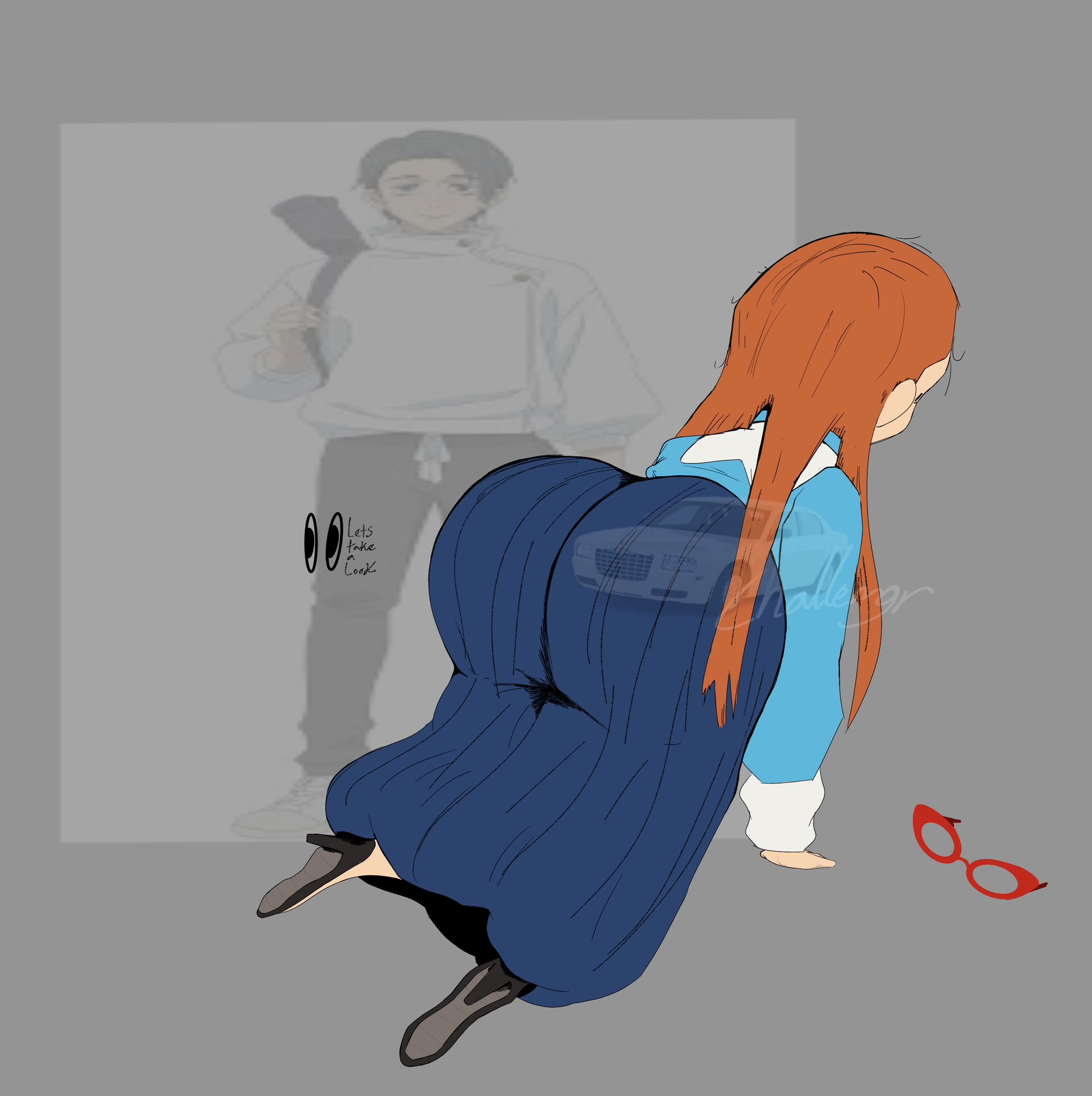 1girls, all fours, arched back, bent over, big ass, challemgr, dress, female, female focus, female only, fully clothed, jujutsu kaisen, kindergarten (game), kindergarten 3, light skin, long hair, looking for glasses, ms. lovelett, orange hair, yuta okkotsu